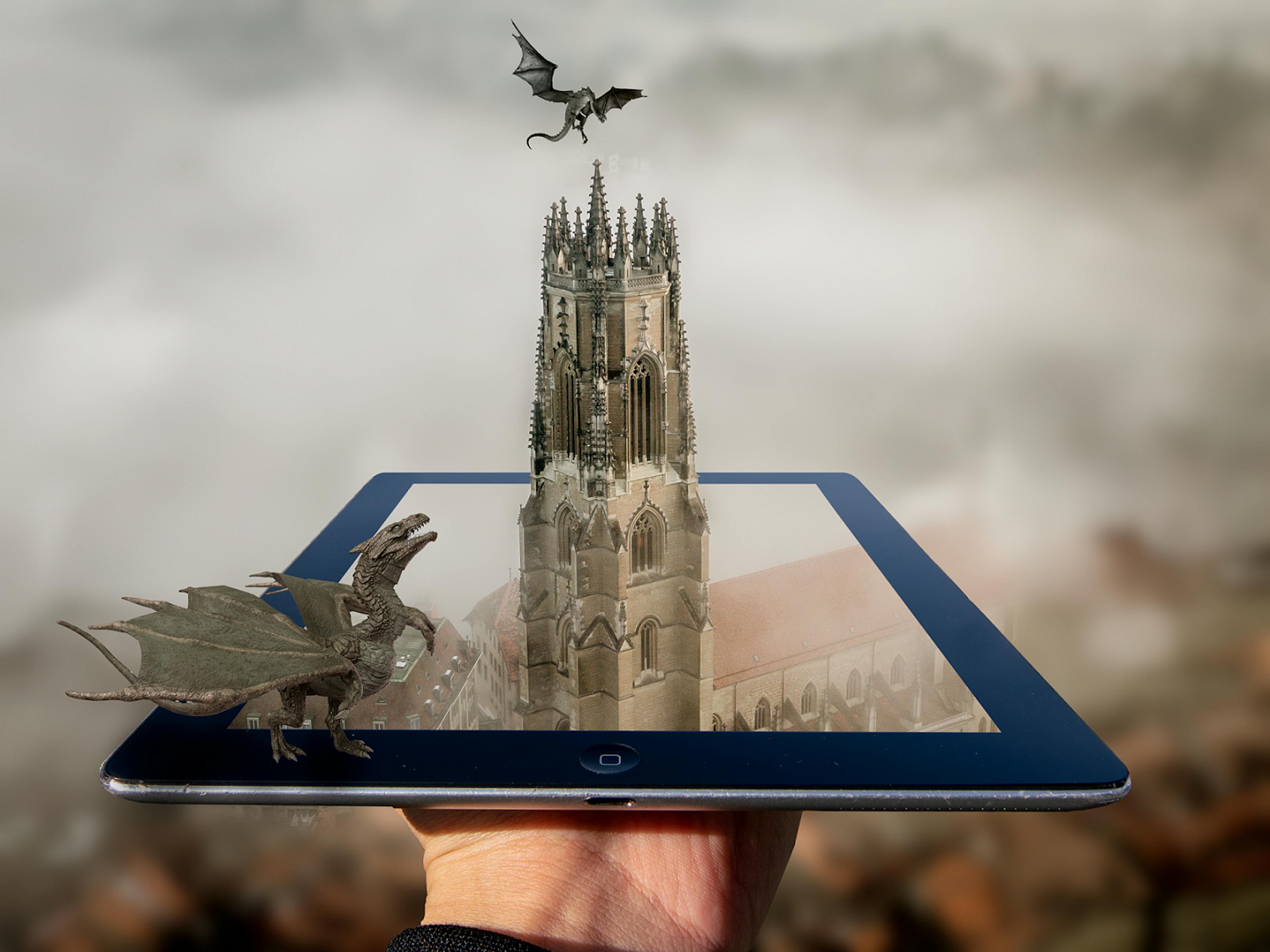 Virtuelle Stadtführung Fribourg zeigt eine digitale Darstellung der Kathedrale mit Drachen