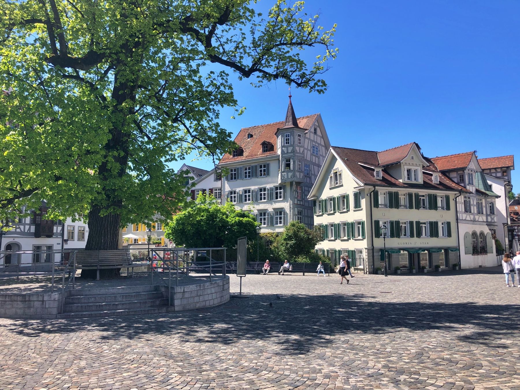 Gallusplatz in St. Gallen with historical buildings, sunny weather, and green trees.
