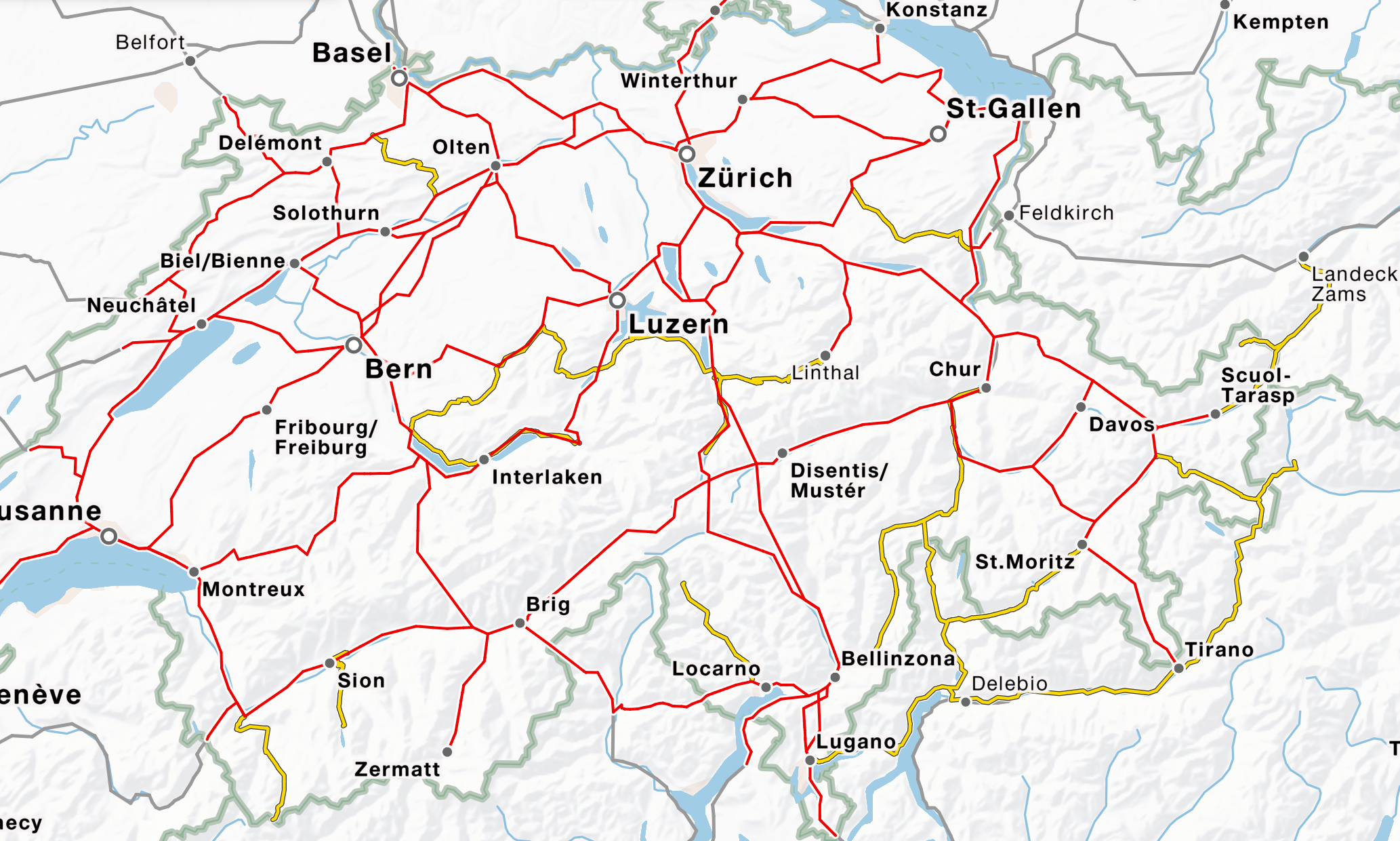 스위스 반값 카드의 적용 범위는 스위스 내 필수 노선 및 연결을 보여줍니다.