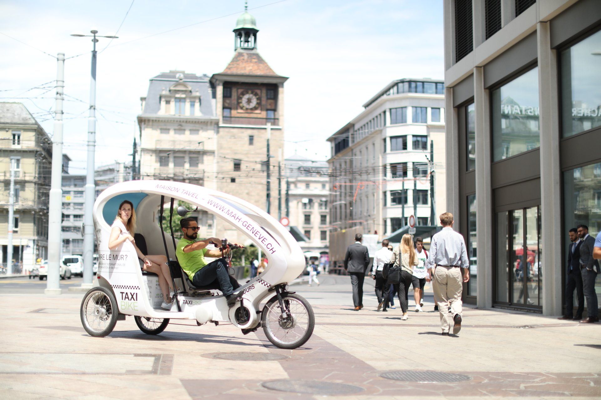 Geneva Bike Taxi: eco-friendly city ride with passenger, bike taxi, and urban environment.