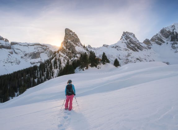 Enjoy snowshoe hiking in Gitschenen, winter mountains and untouched nature.