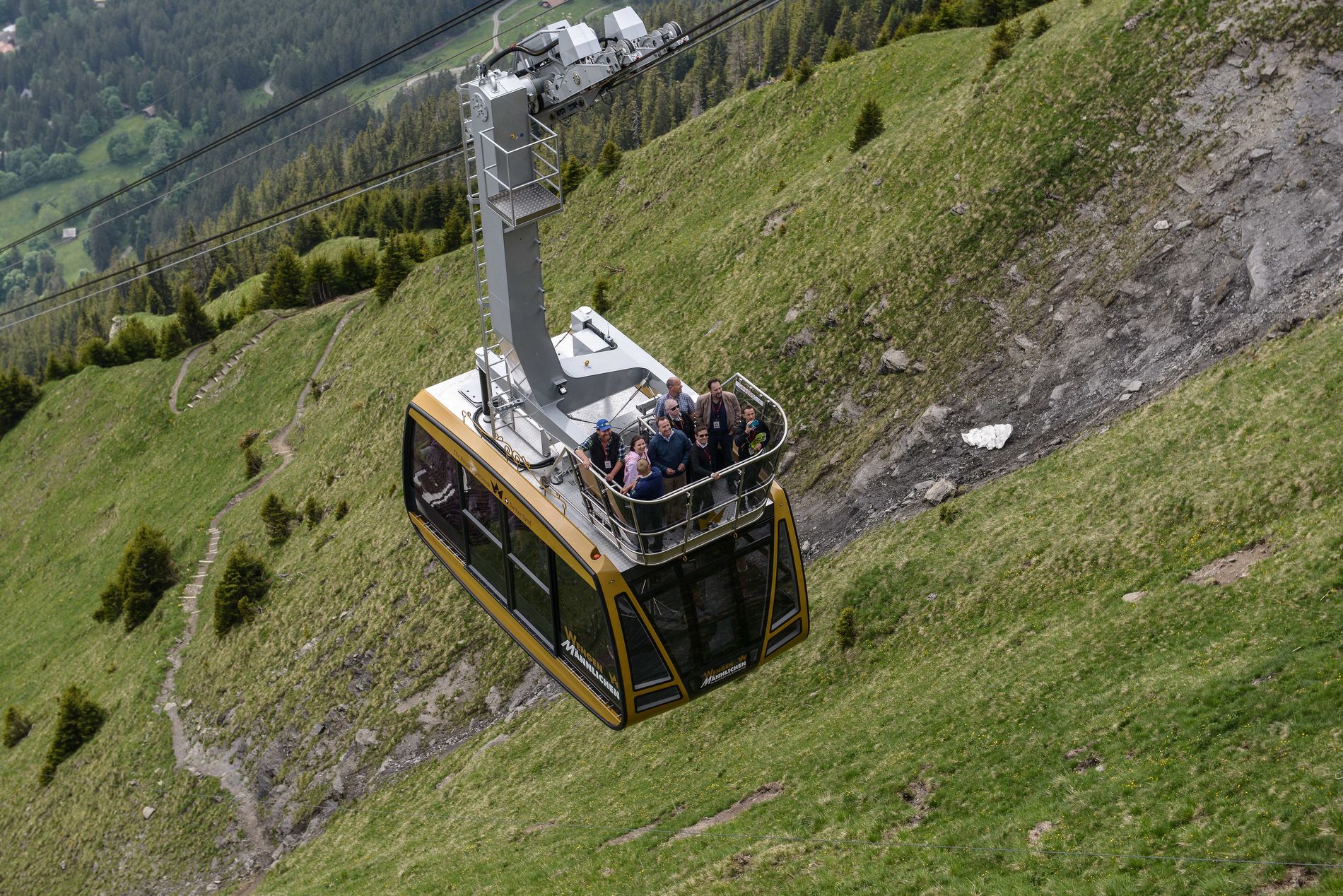 Gondola Wengen-Männlichen melewati padang rumput hijau di musim panas.
