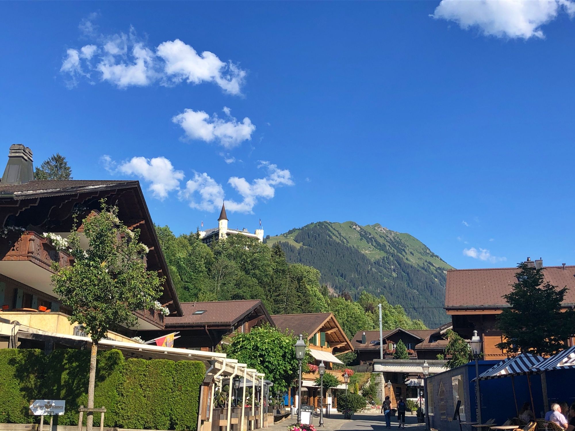Geneva Transfer till Gstaad med utsikt över bergen, traditionella stugor och blå himmel