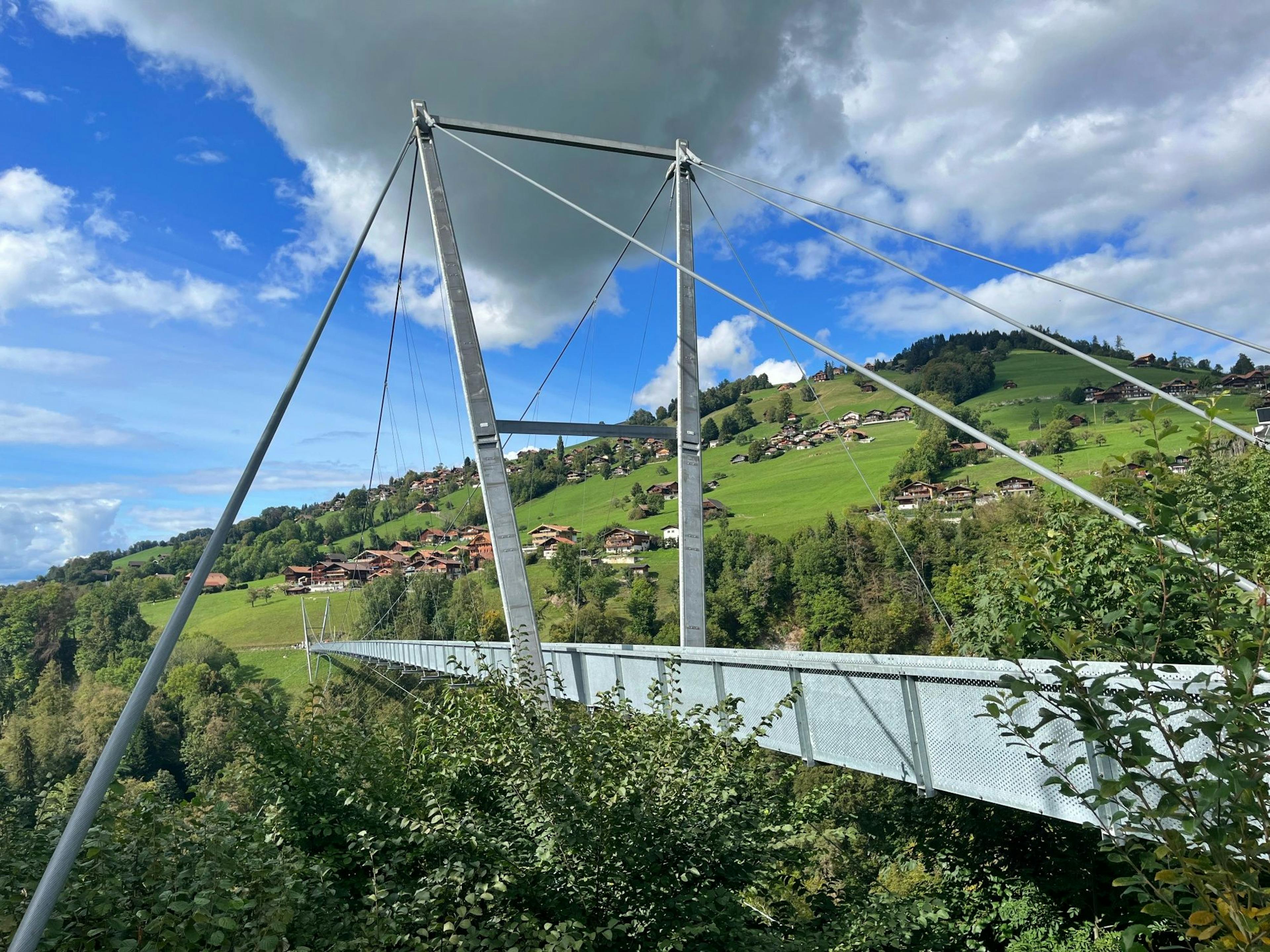 Pont suspendu de Sigriswil avec un paysage verdoyant, idéal pour les amoureux de la nature et de l'aventure en Suisse.