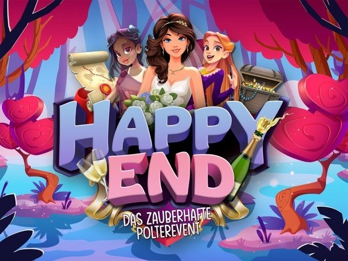 Happy End Polterevent mit fröhlichen Aktivitäten, Feier und Dekoration im Wald