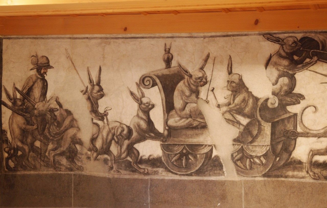 Hare's Room Antistitium: Murals featuring rabbits, historically reminiscent and showcasing art