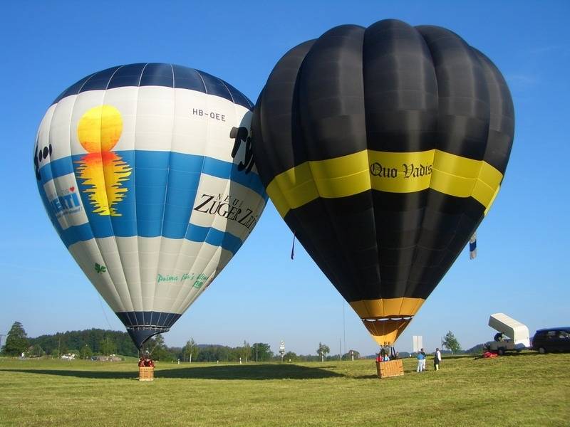 Balon udara melayang di Swiss Barat di atas hamparan hijau saat hari cerah.