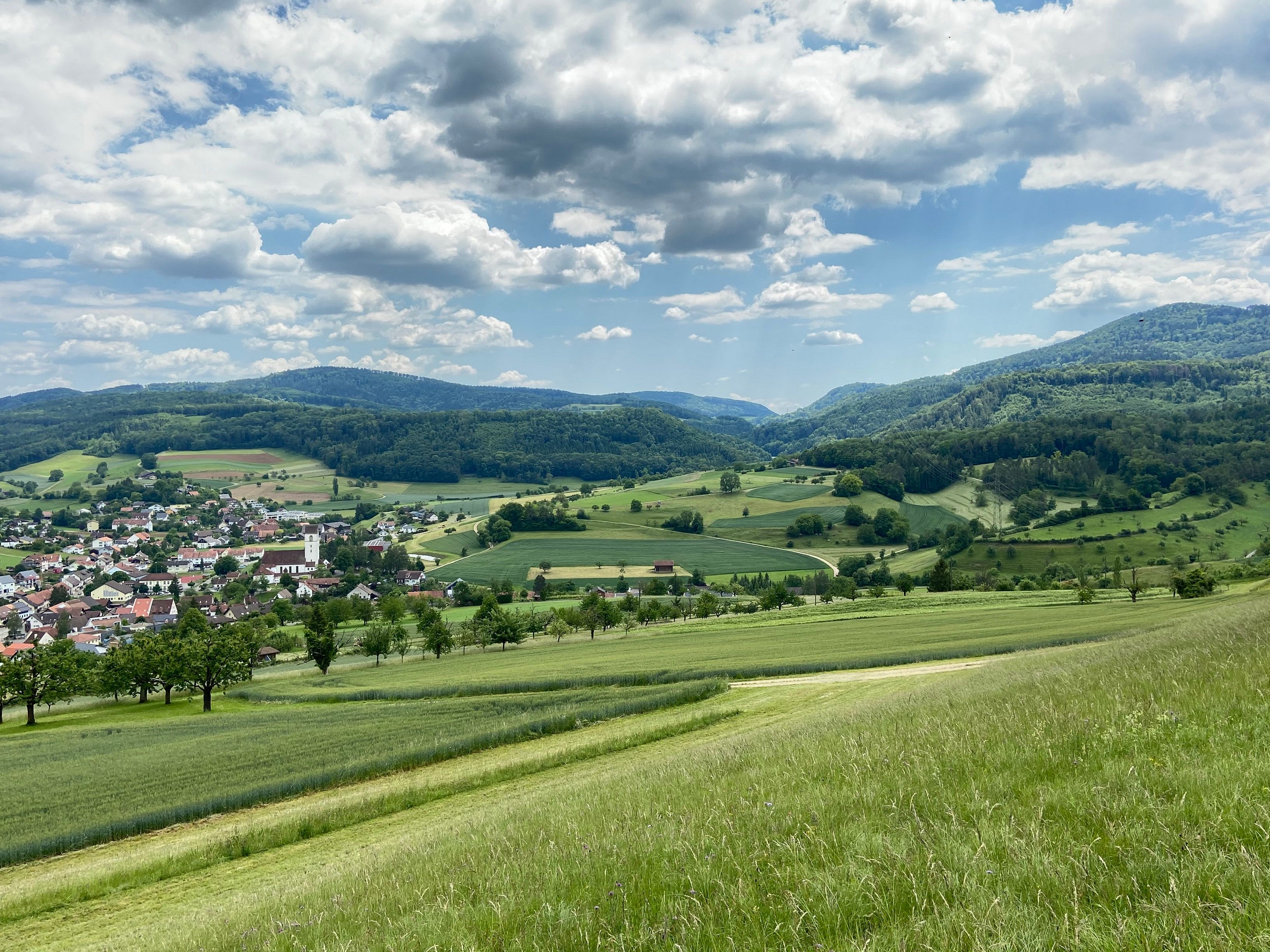 Herznach výhled: idylická krajina v Juraparku Aarau s loukami, kopci a přírodou.