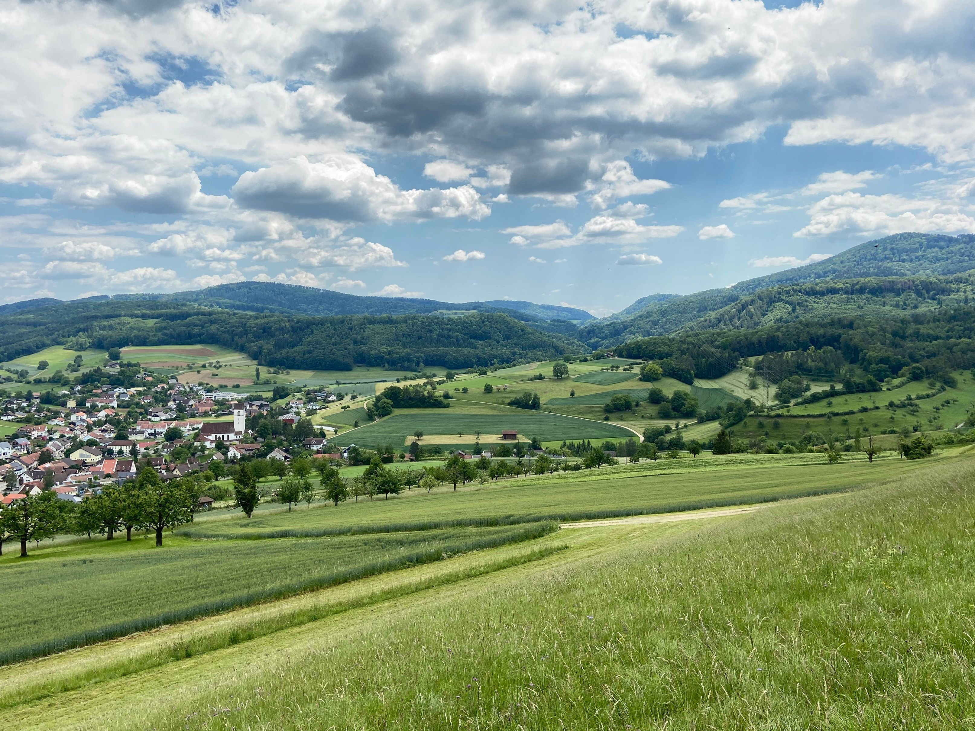 Hiking Stones Herznach Natural Area with green hills and picturesque landscape in summer.