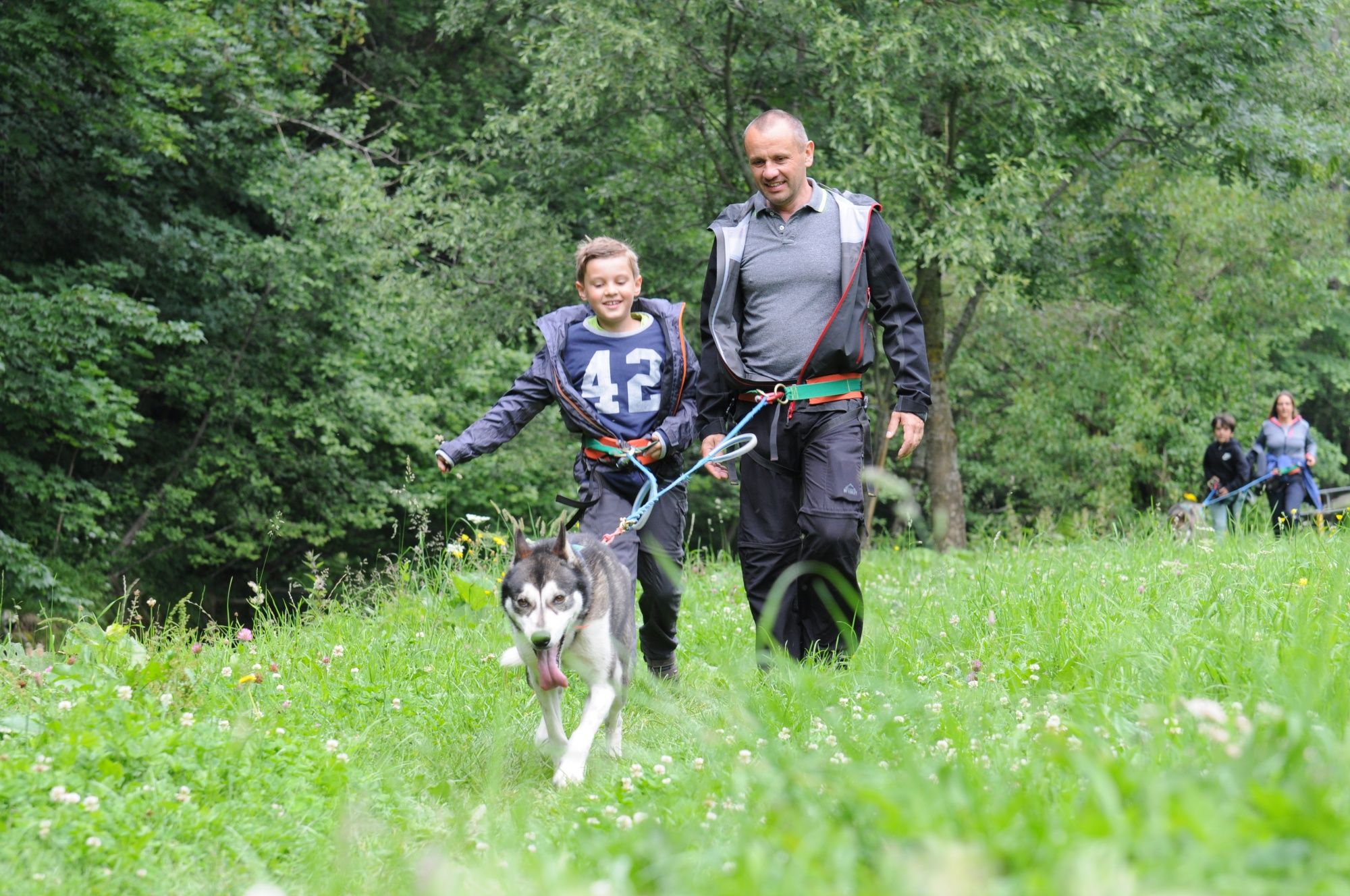 Huskytrekking: Zážitek s huskym, dítětem a průvodcem v přírodě, ideální pro skupiny a rodiny.