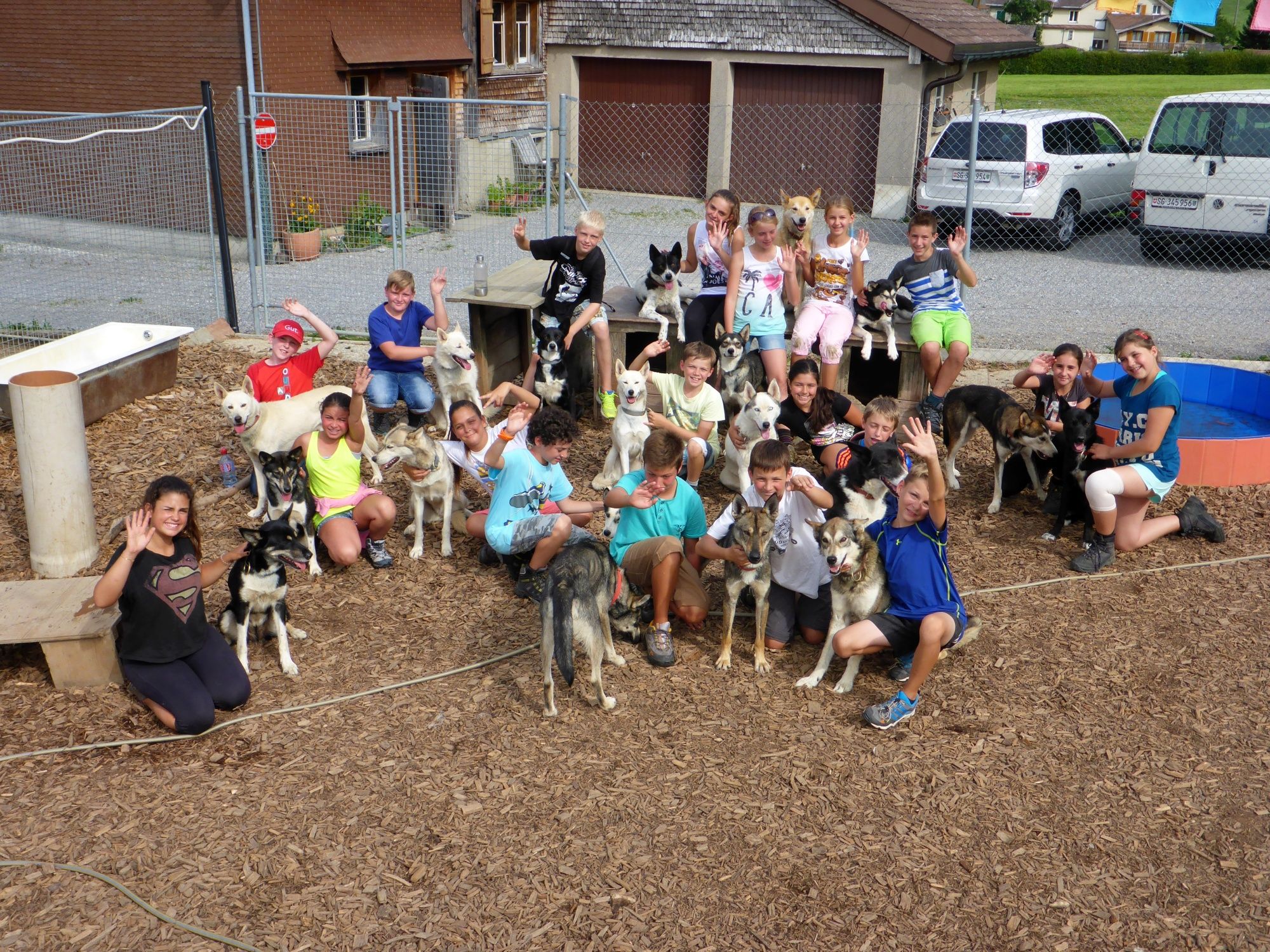 Huskystuff: Barn som leker med hundar på Huskystuff AB. Kul och äventyr med huskyar i naturen.