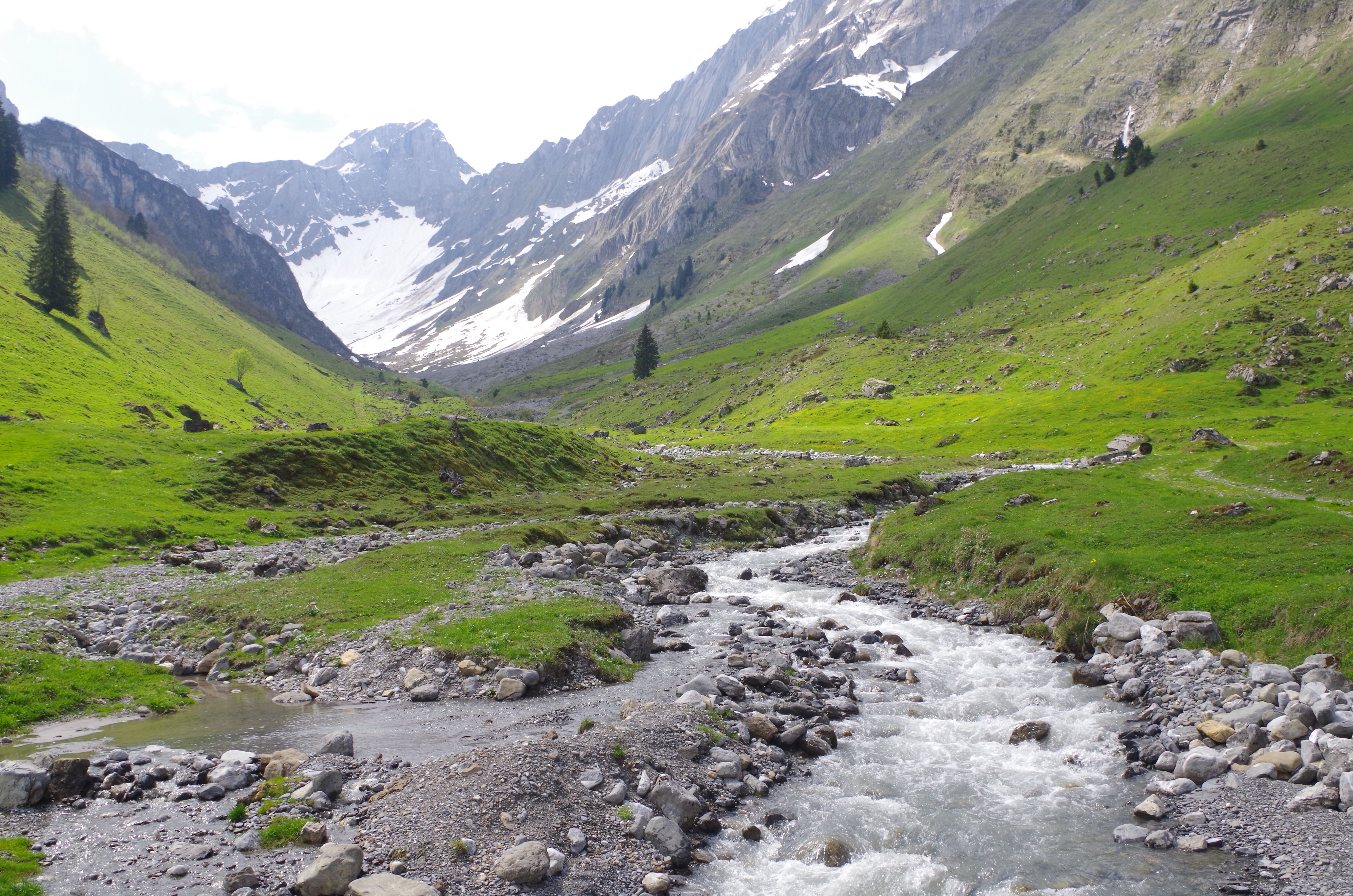 Curso de Alphorn: Paisagem deslumbrante no Oberblegisee com montanhas e um vale verde.