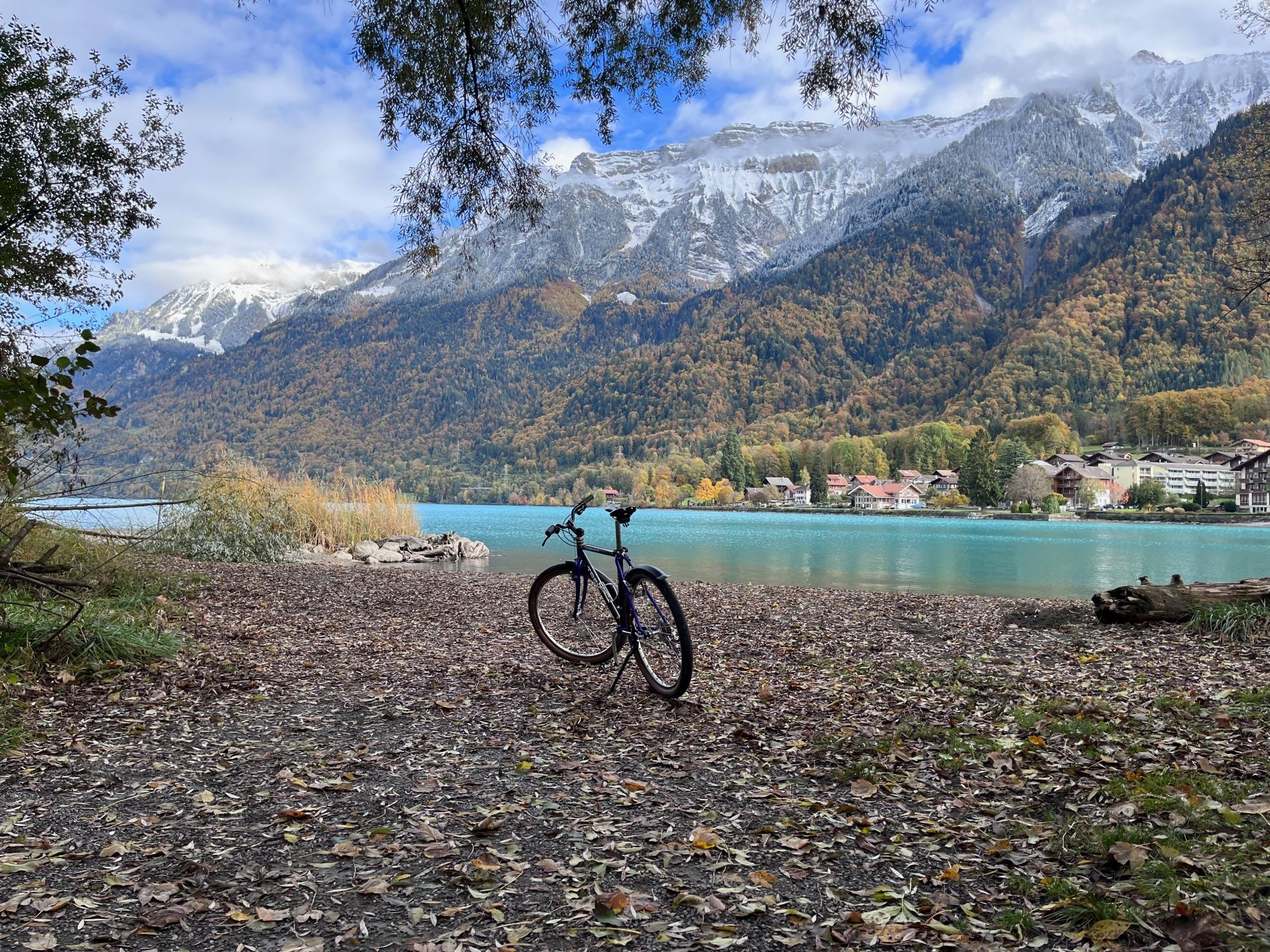 Passeio de bicicleta nas montanhas: cena com bicicleta à beira do lago rodeada pela natureza e cores outonais.