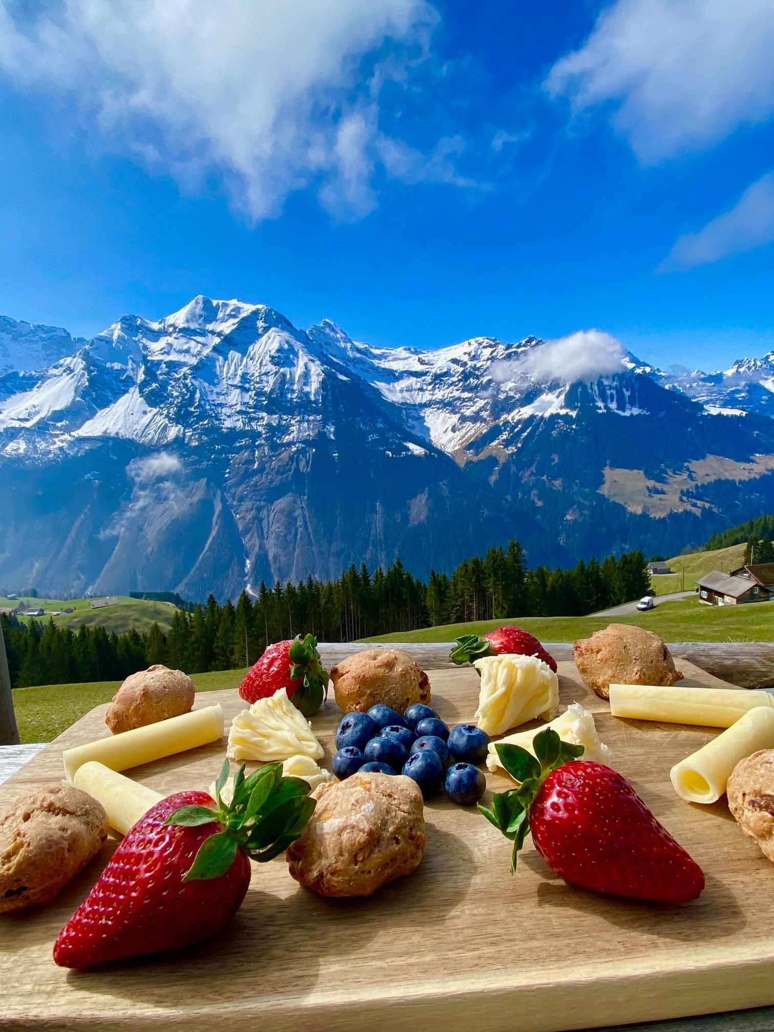 山区的美食：新鲜的草莓、蓝莓和奶酪在大自然中呈现。