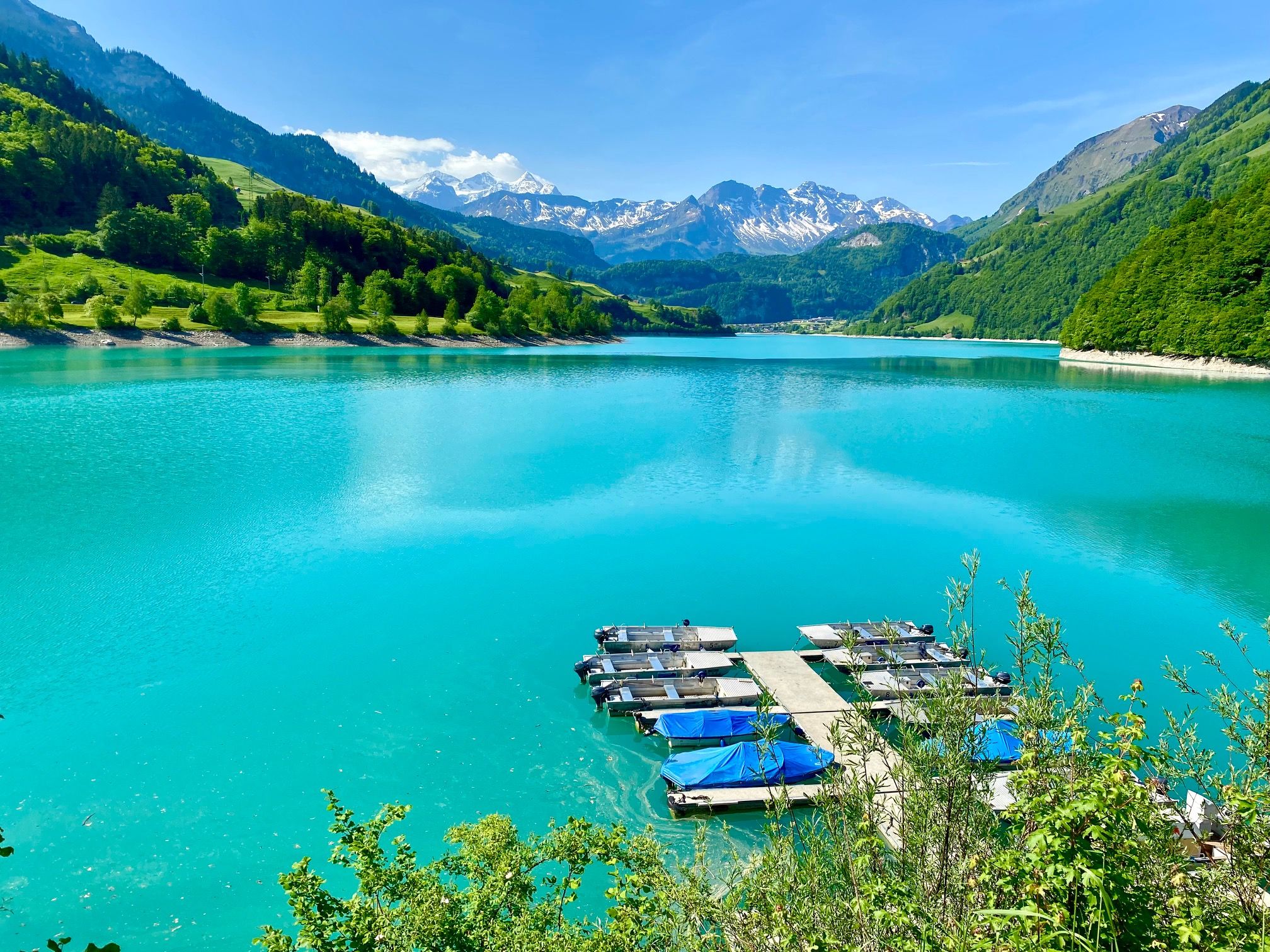 Jungfrau Region: ohromující modrozelené jezero s loděmi a horami v pozadí, ideální pro odpočinek.