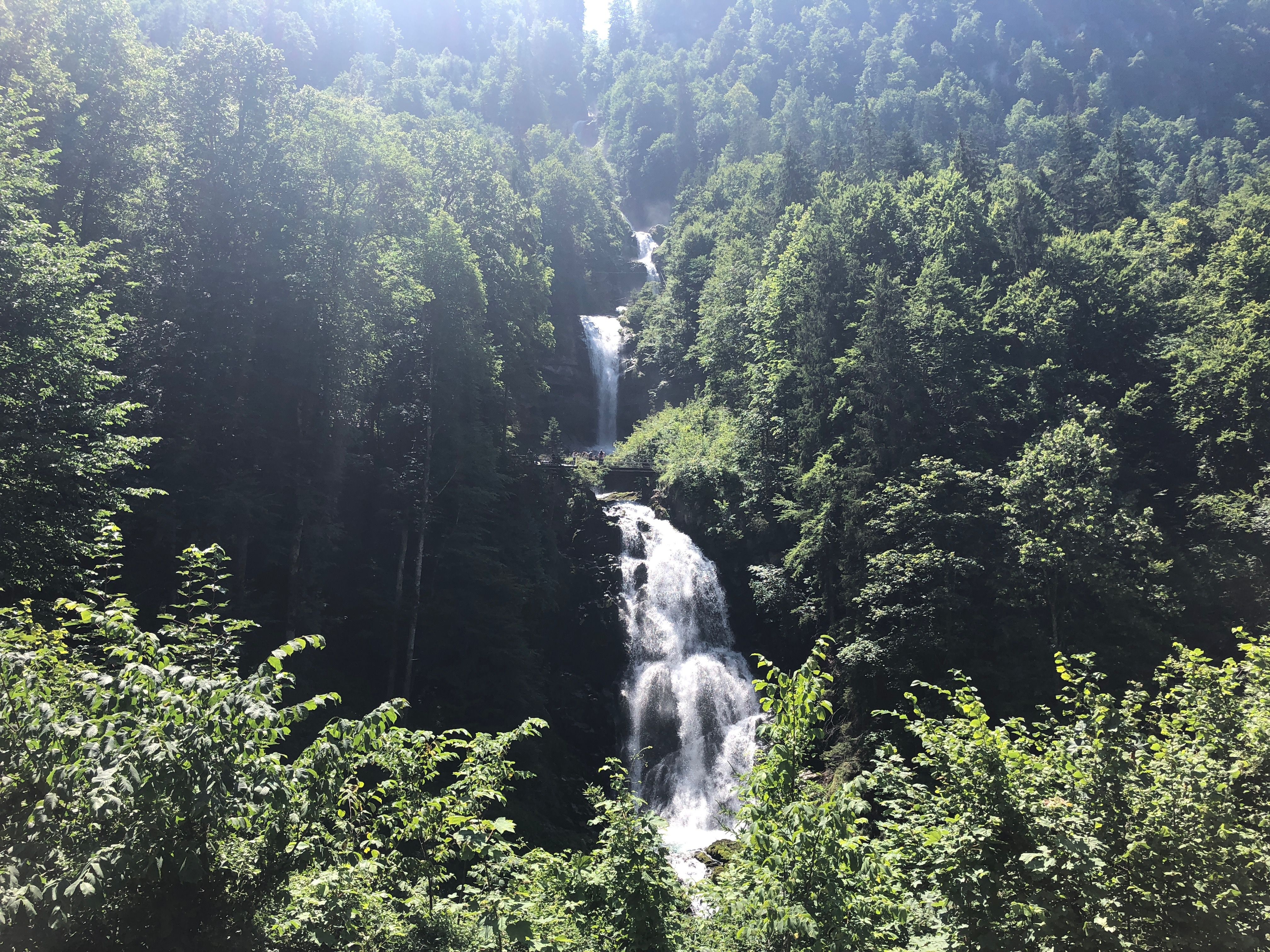 Giessbach vattenfall i Thun med frodig växtlighet och två vattenfall