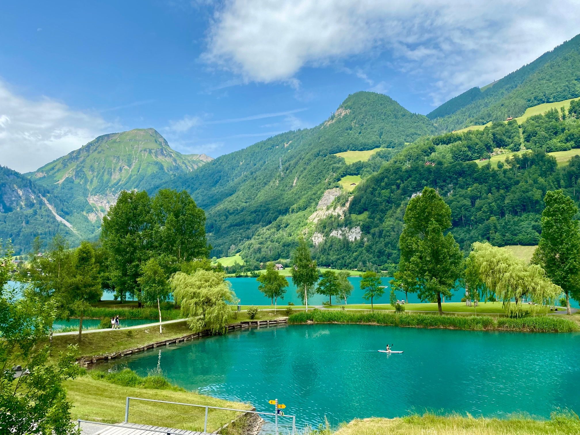 Jungfrajské oblasti: malebné jezero s kanoistou, obklopené horami a krajinou v létě.