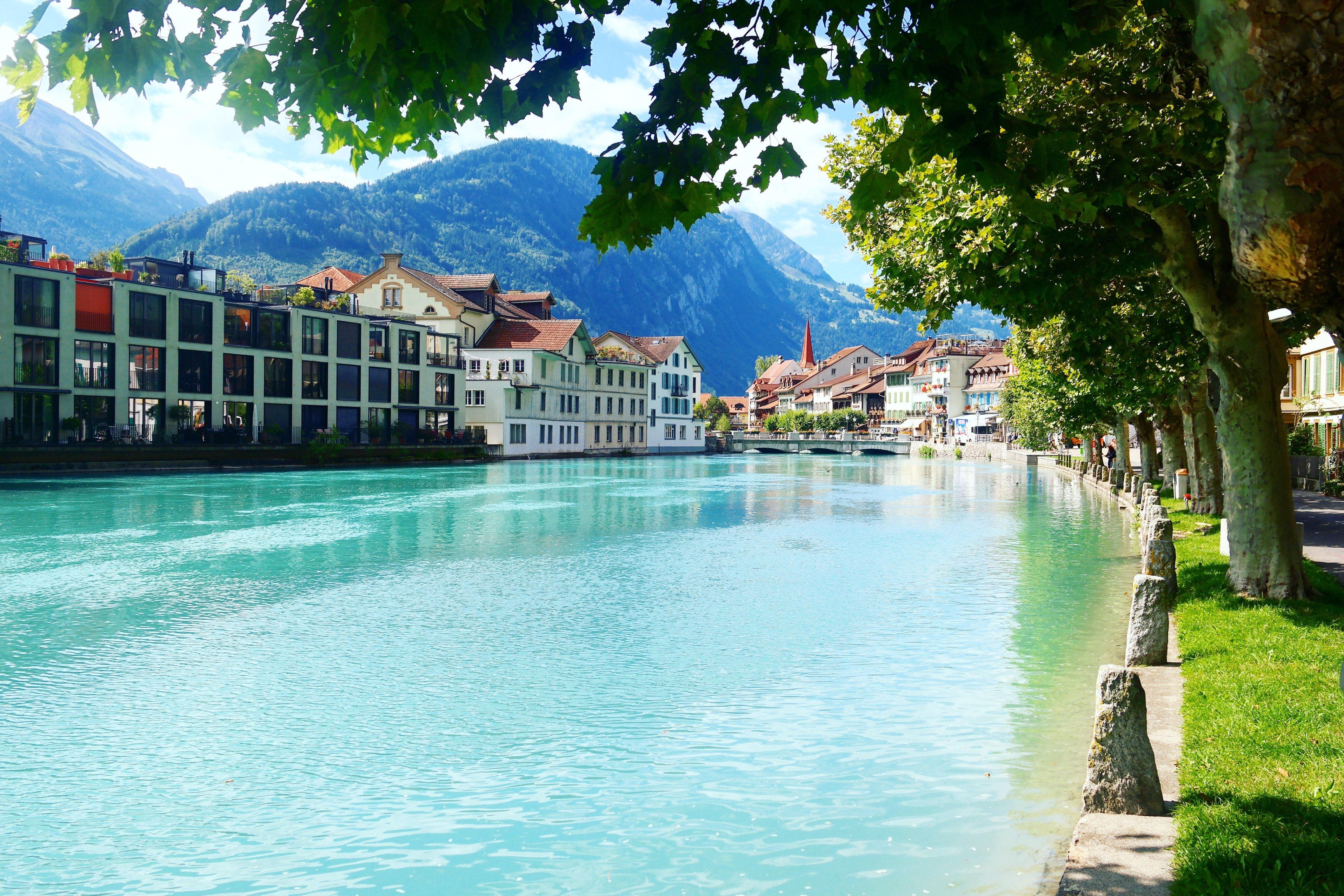 Interlaken: ชายฝั่งที่งดงามริมแม่น้ำใส มีภูเขาและต้นไม้เบ่งบานล้อมรอบ