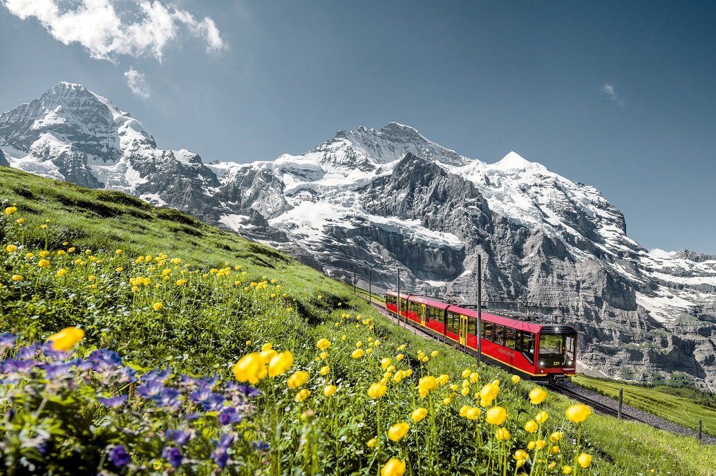 Perjalanan Sehari ke Jungfraujoch, kereta kabel merah melintas padang hijau