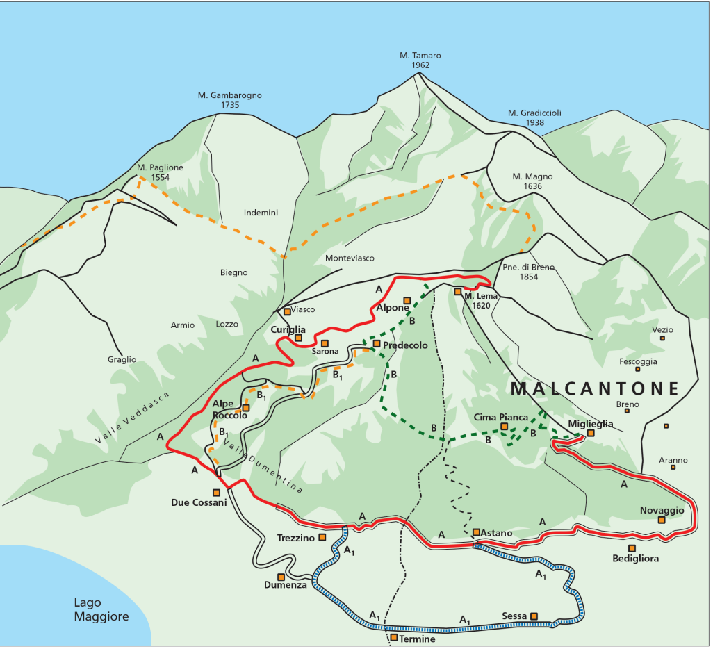 Carte VTT Monte Lema avec chemins de vélo, vue parfaite pour les vététistes de la région.