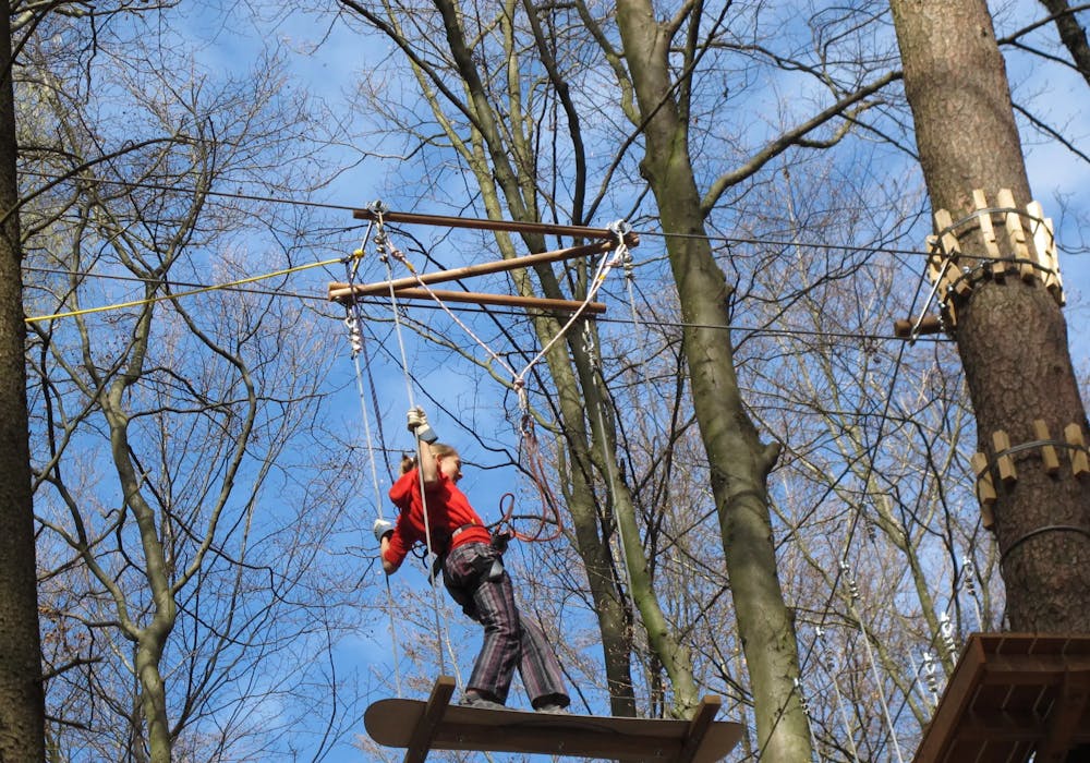 Kloten Seilpark: Junge auf Seilbahn zwischen Bäumen bei klaren Wetter.