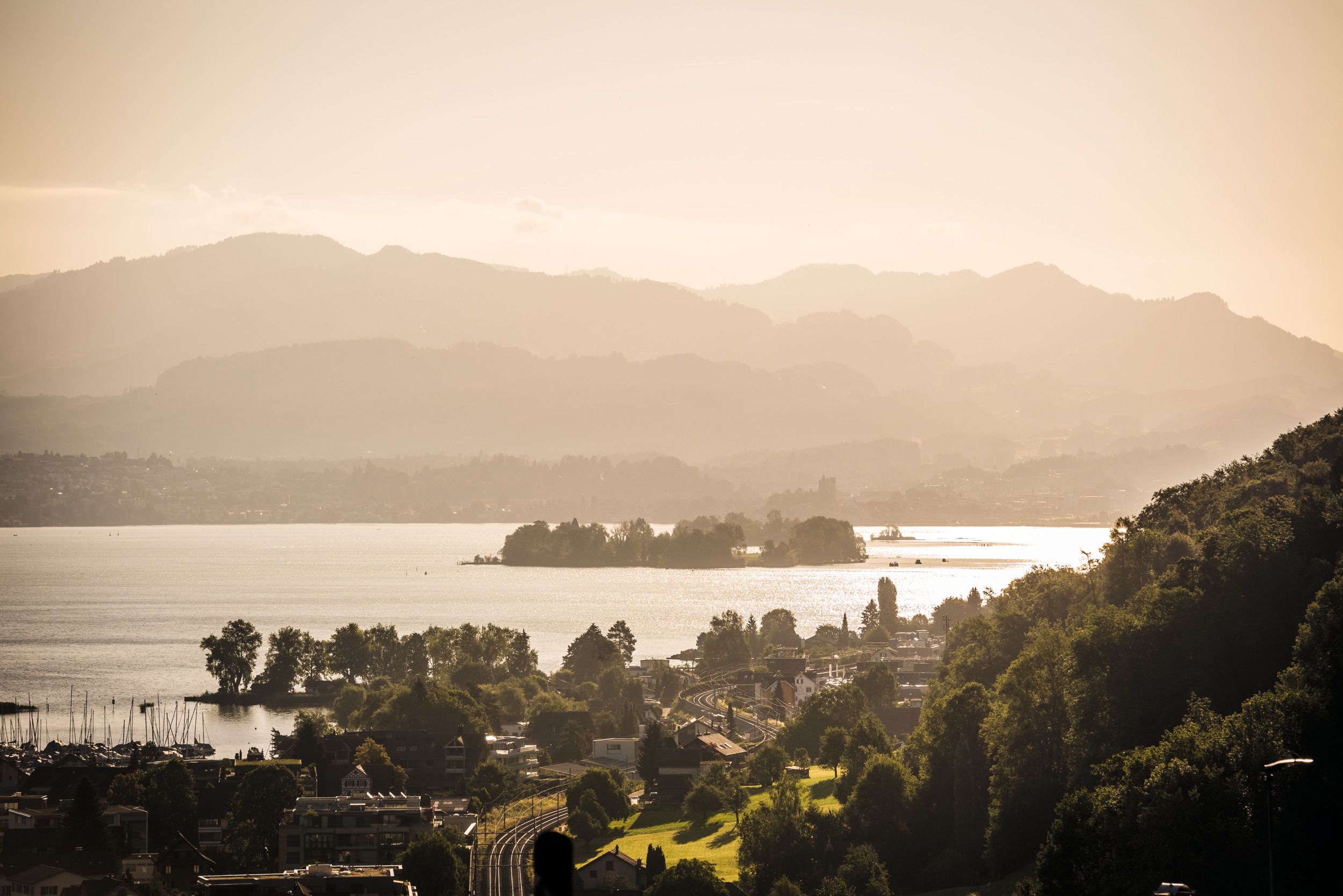 Ufenau: Maravillosa vista del lago de Zúrich, paisaje idílico y suaves colinas al fondo.