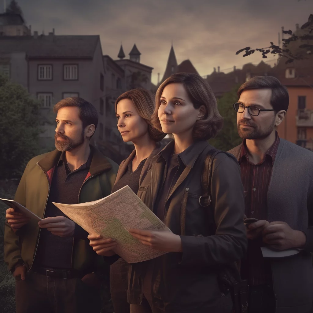 Dentro: gruppo di amici esplora una città al tramonto, avventura urbana, atmosfera amichevole.