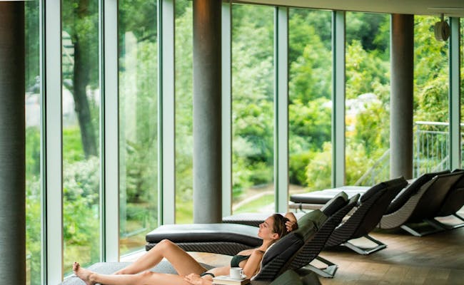 Odpočívací zóna v Splash and Spa s lehátky a výhledem na přírodu.