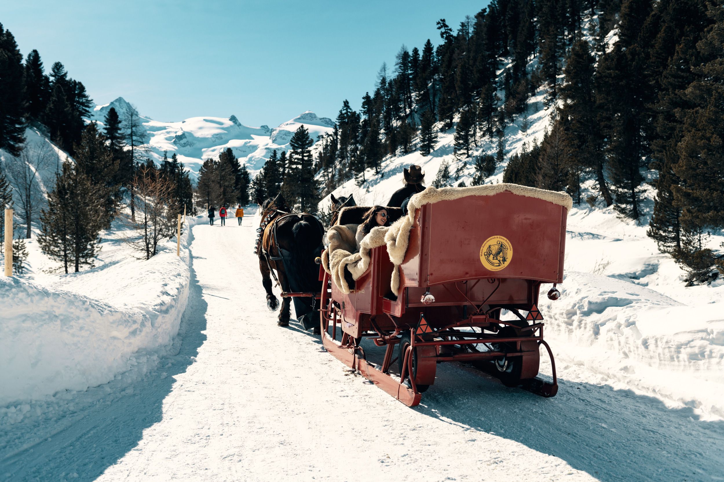Val Roseg: Kutschfahrt im Winter mit wunderschönen Bergen und schneebedeckter Landschaft