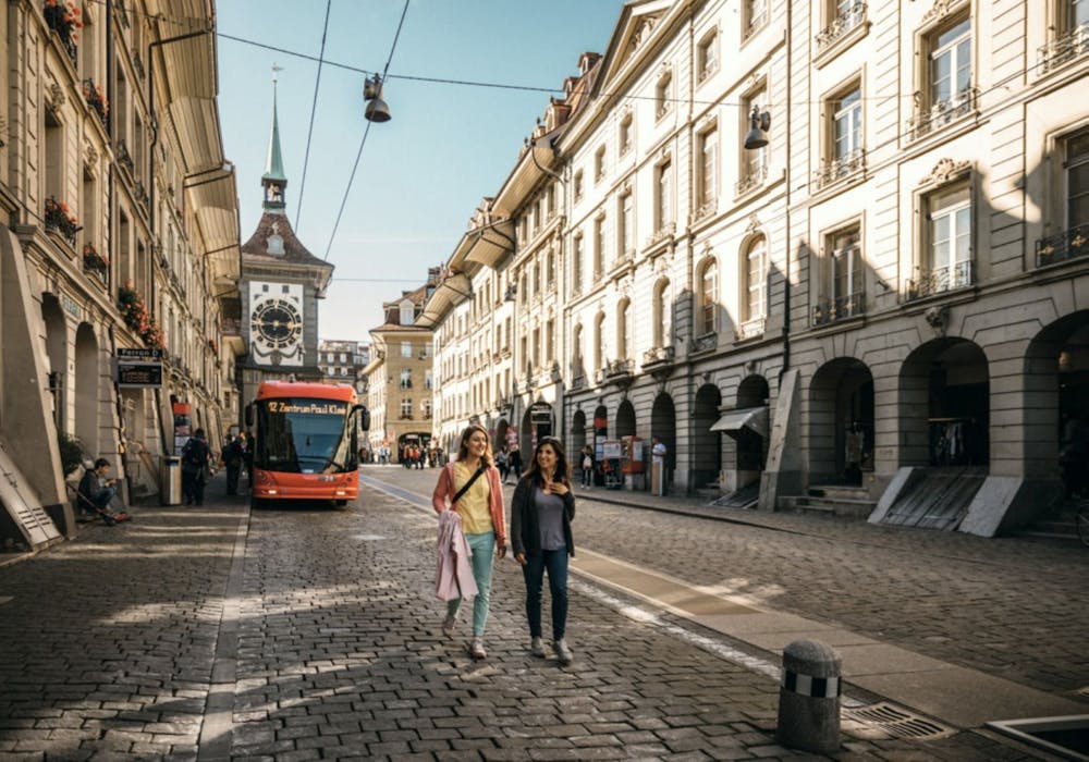 Κρανγκάσε στη μεσαιωνική παλιά πόλη του Bern με ιστορικά κτίρια και ενός λεωφορείου