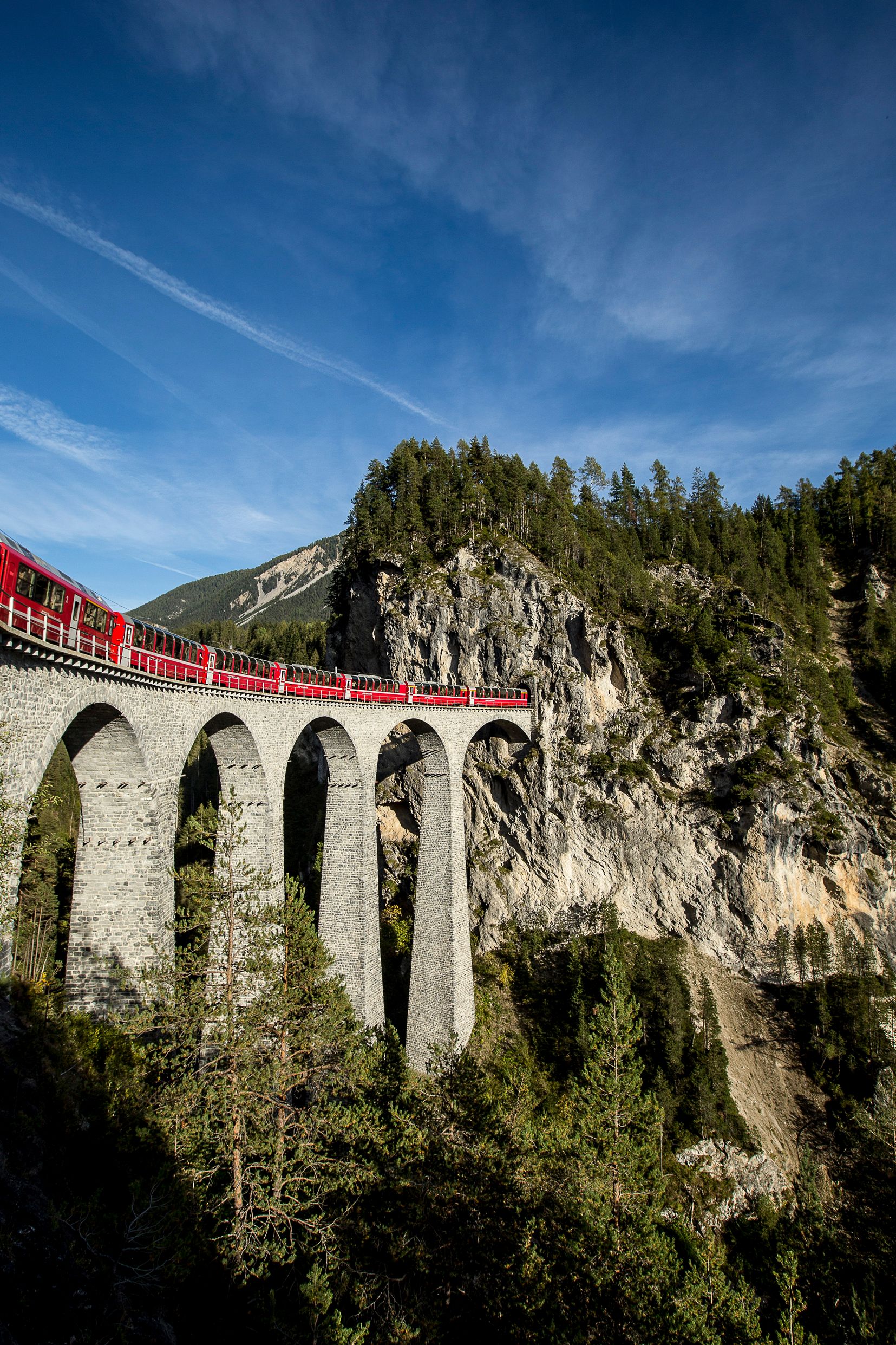 Landwasser Viaduct: Impression of the spectacular Grisons viaduct with the Bernina Express.
