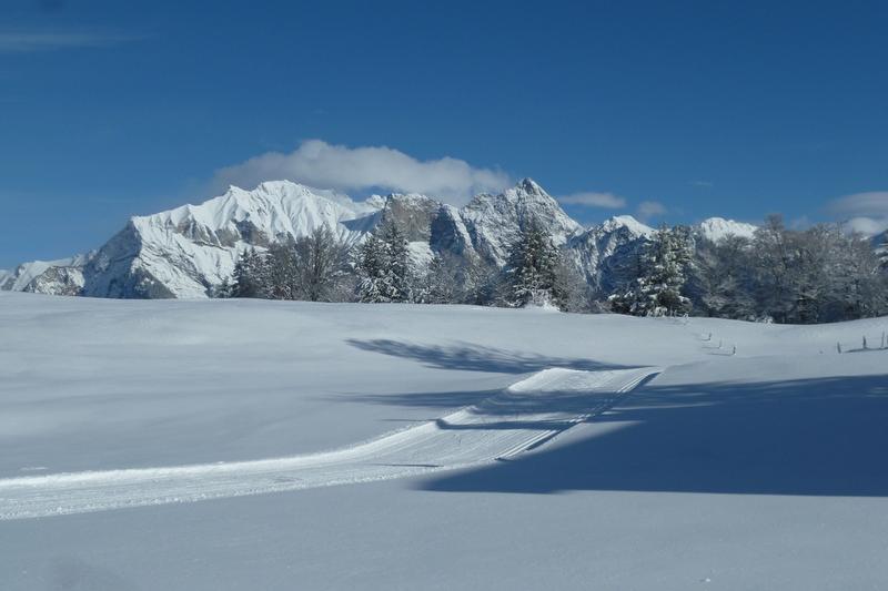 Langrennsløype i vinterlandskap med snødekte fjell og klar himmel