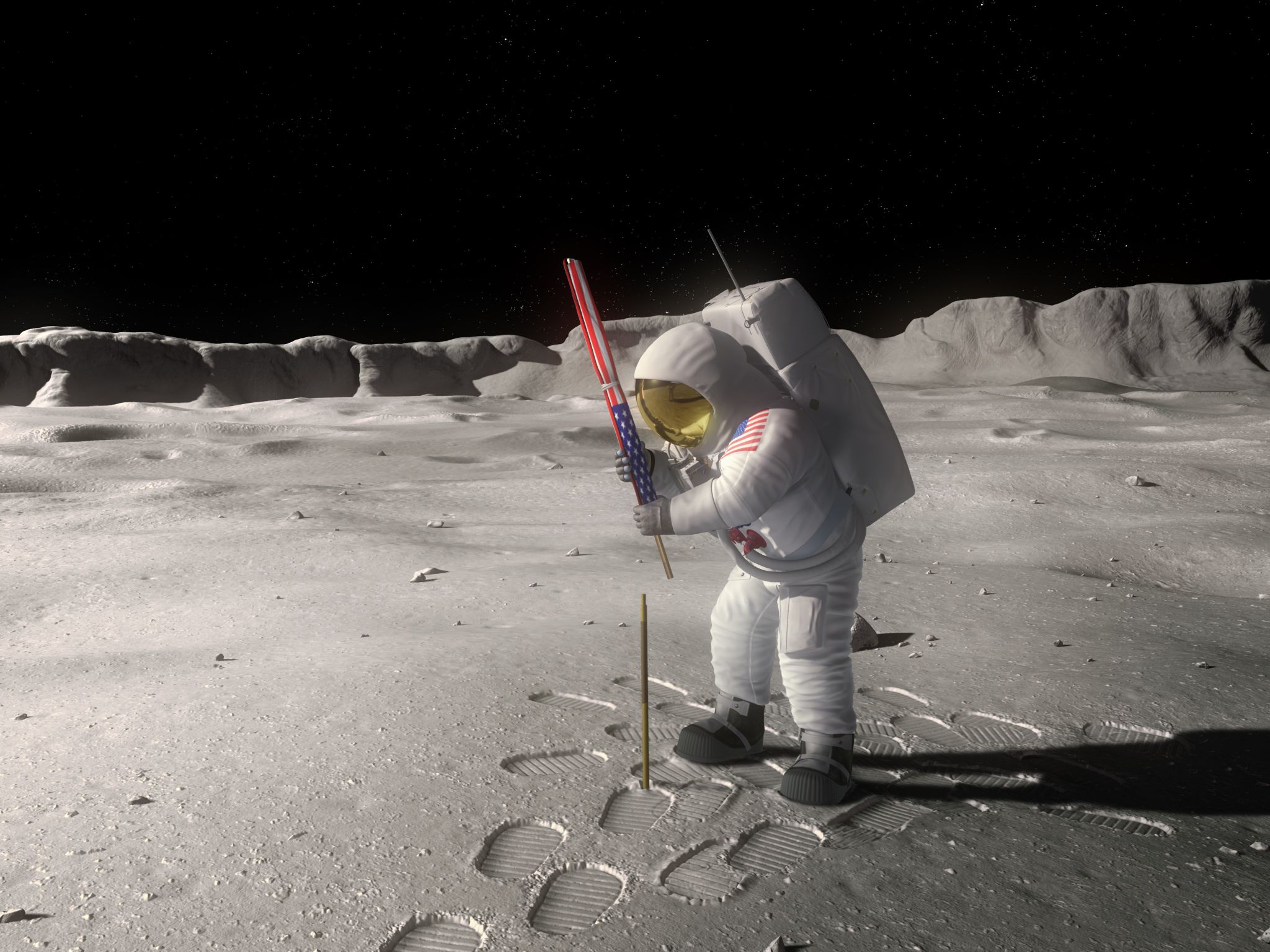 Astronaut při přistání na Měsíci s průzkumem povrchu Měsíce