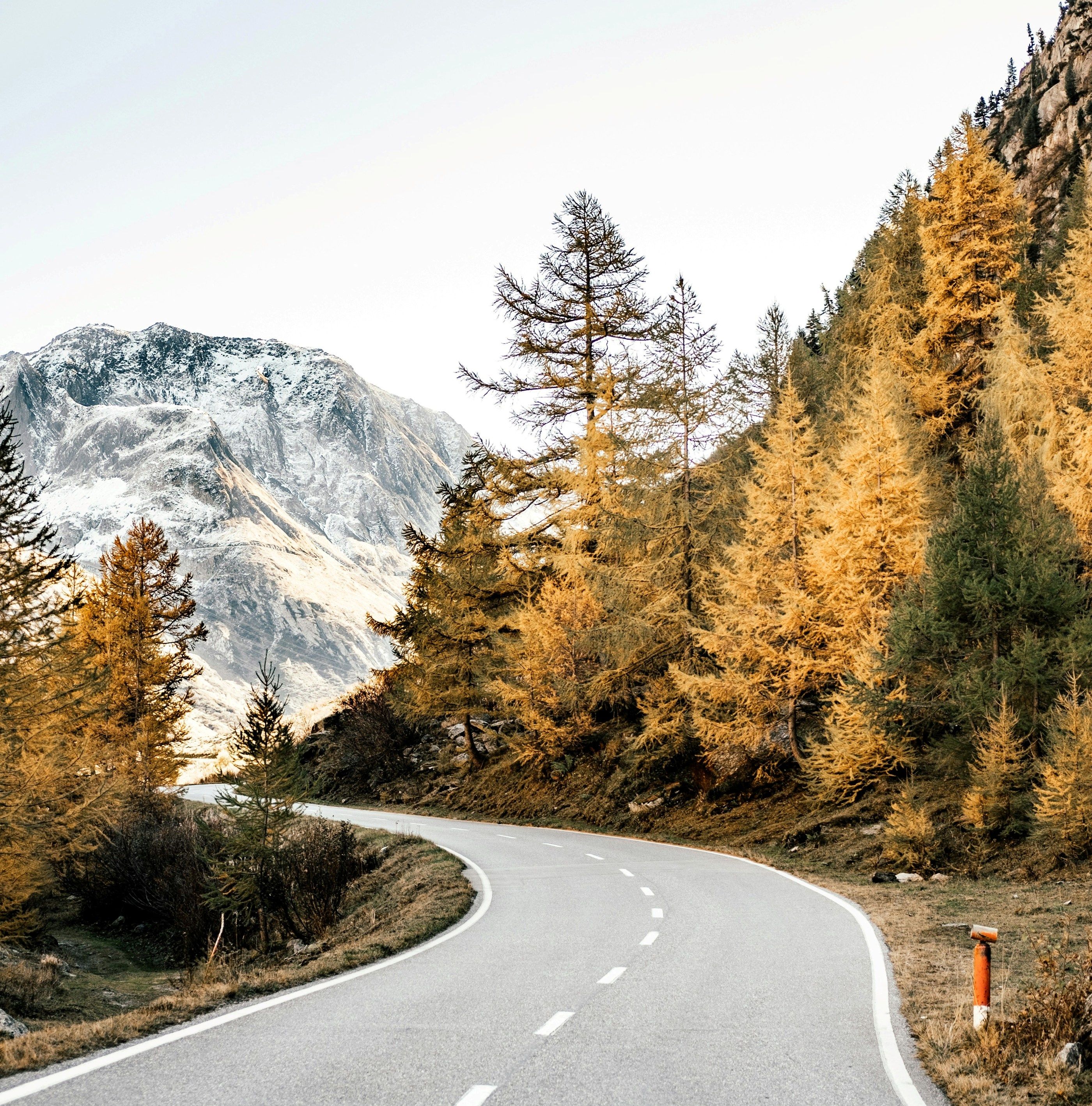 Nufenenpass: malebná podzimní krajina s horami a silnicí v nádherném přírodním prostředí.
