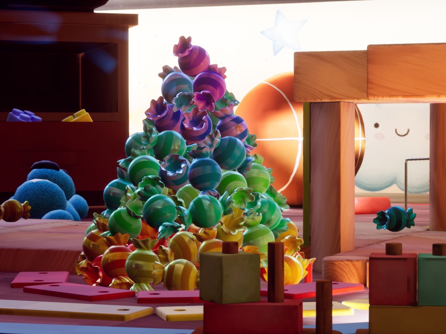 Plush Rush: kleurrijke speelgoedboom van snoep en speelgoed voor kinderen in de speelkamer