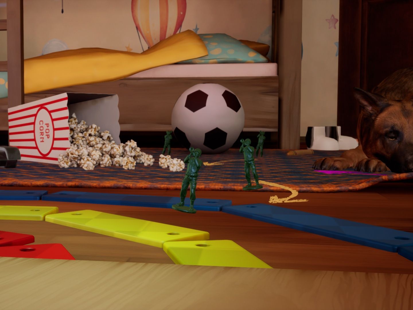 Plush Rush: Speel met figuren en een hond in een gezellige speelomgeving voor kinderen.