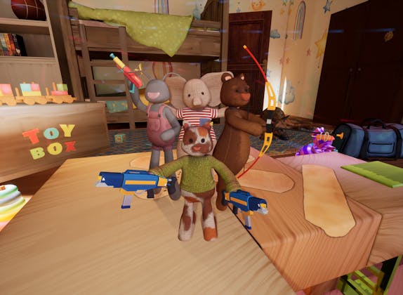 VR Plush Rush: Spielzeuge mit Kindern in einem bunten Spielzimmer erleben Freude und Abenteuer.