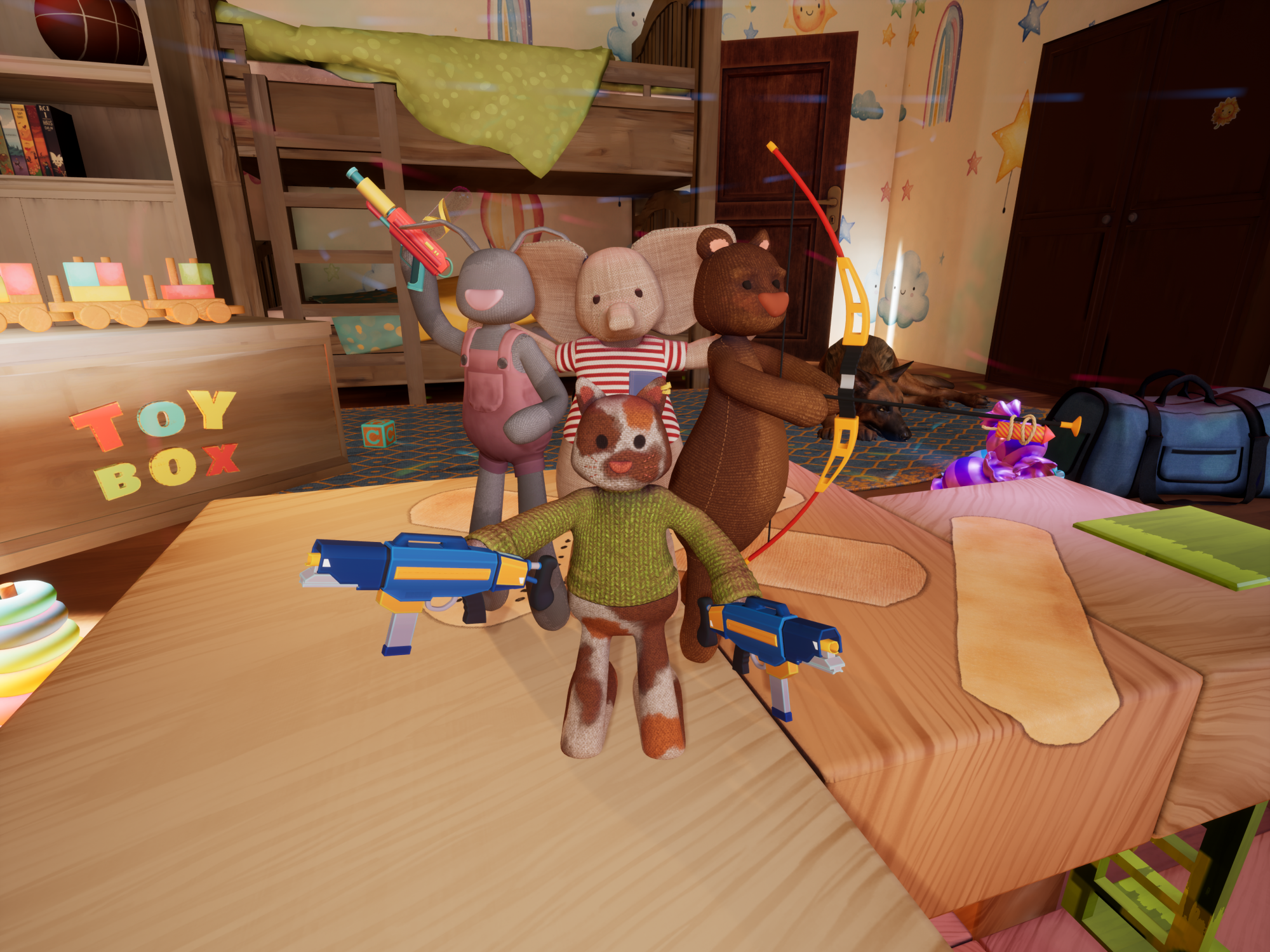 VR Plush Rush: Kanak-kanak bermain dengan mainan berbulu dalam bilik permainan yang berwarna-warni