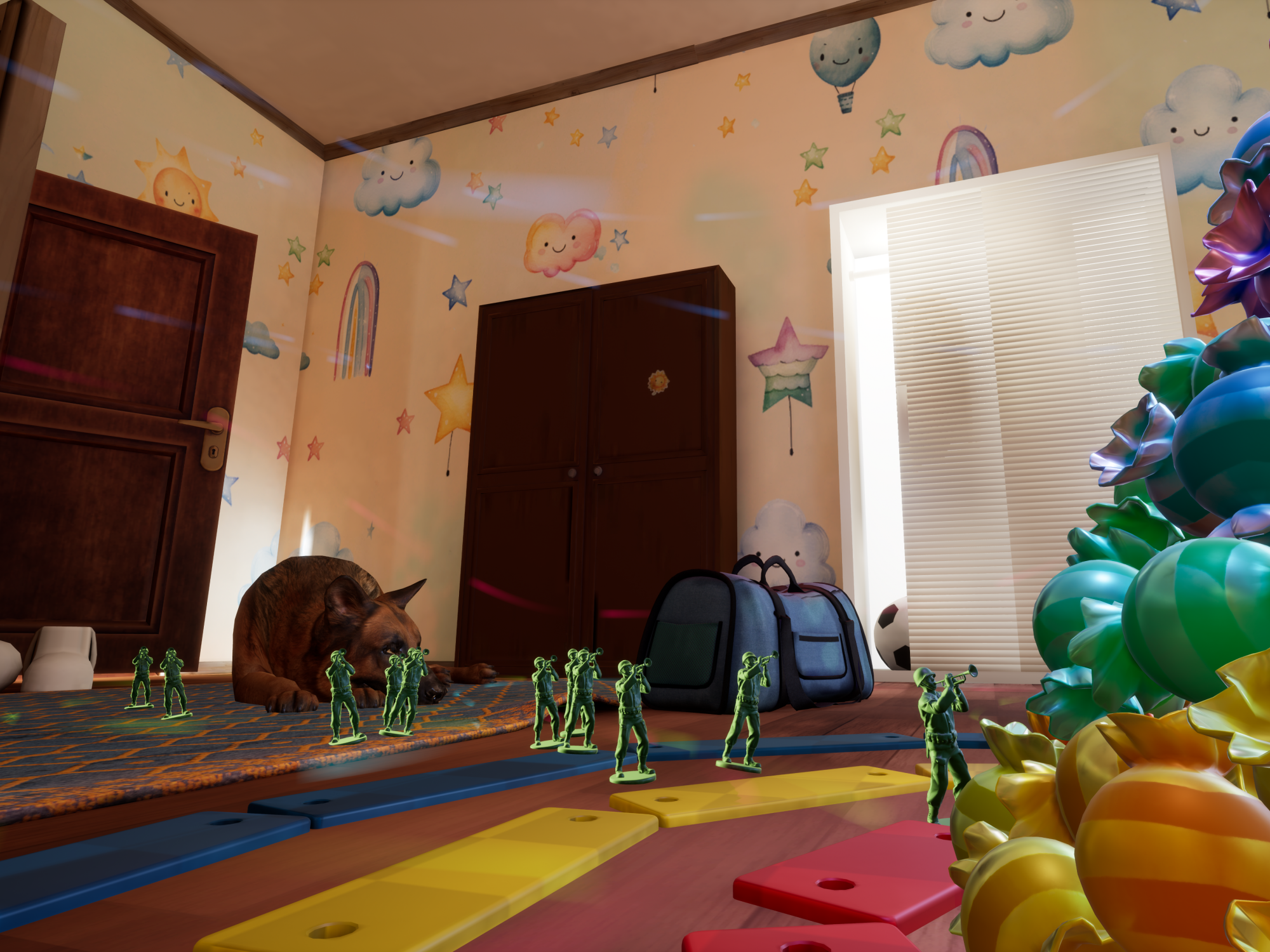 VR Plush Rush: Kanak-kanak yang bermain dalam pengembaraan yang mendebarkan dalam bilik berwarna-warni bersama anjing.