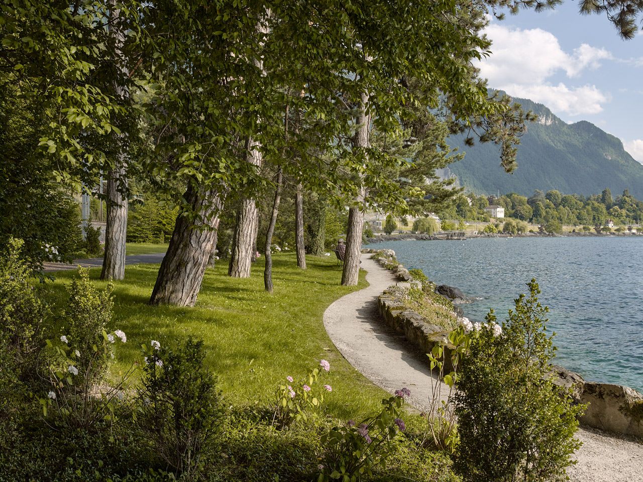 Taman di Tasik Geneva dengan laluan, pokok-pokok dan kawasan rumput hijau