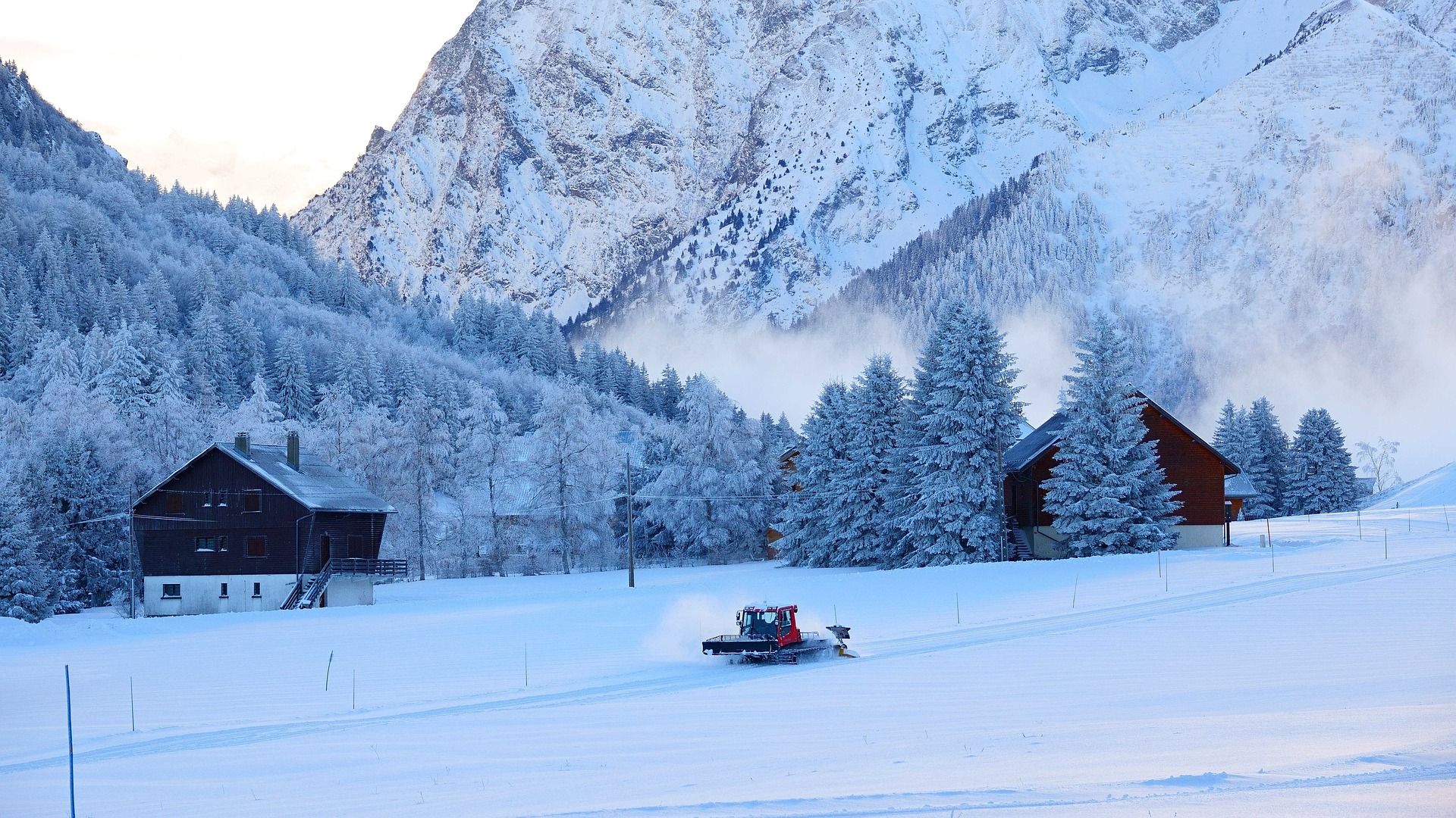ピステンラウペ：雪に覆われた木々や山々がある冬の風景の中をピステンブリーで走行