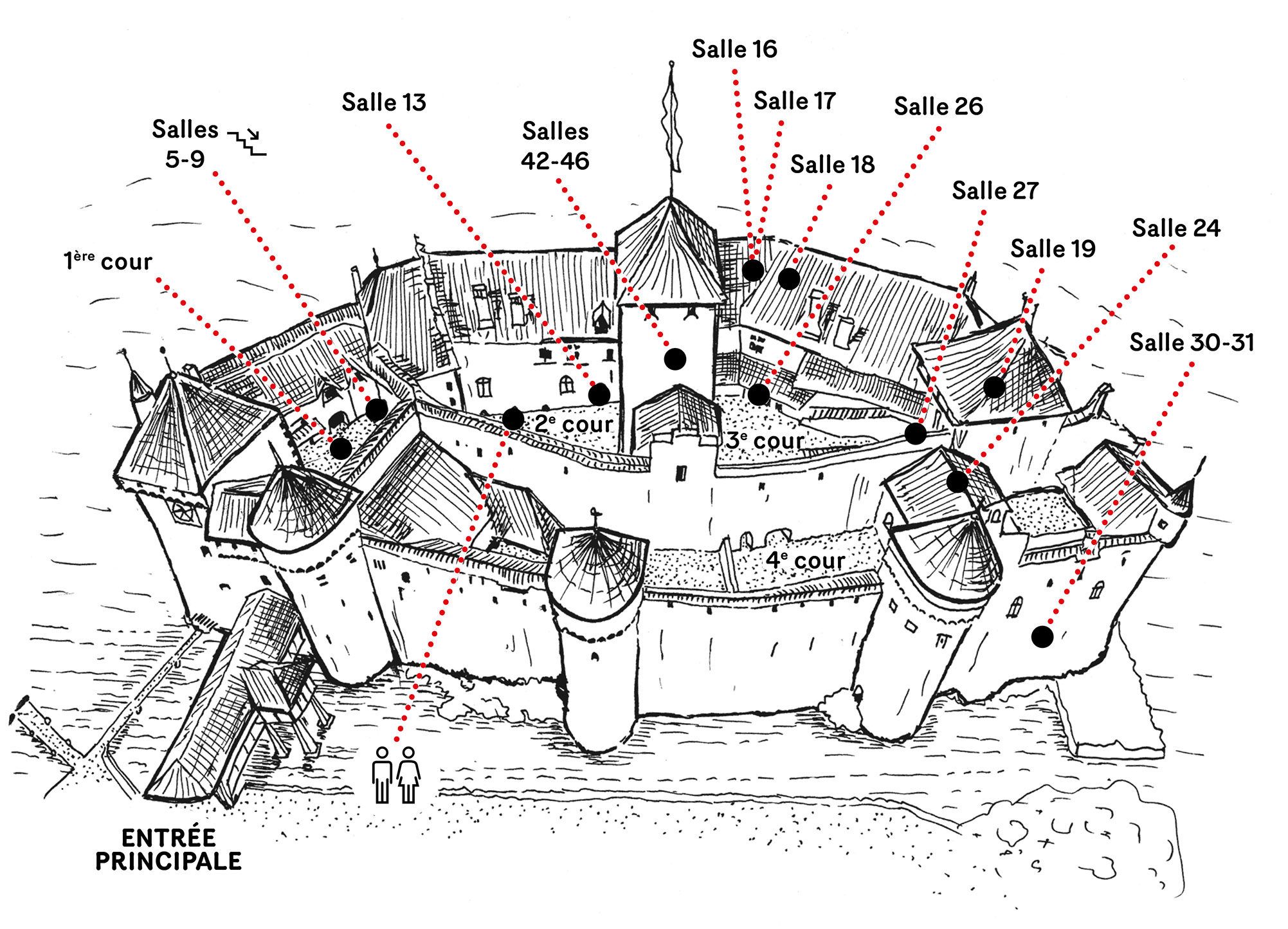 Pelan Château Chillon dengan ruang dan halaman dalam peta