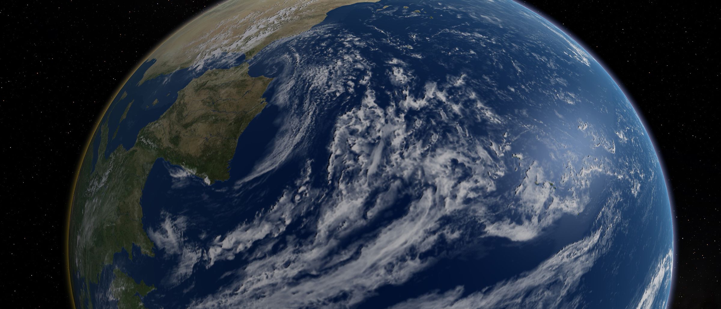 Planetárium Země ukazuje modrou planetu s mraky a oceány