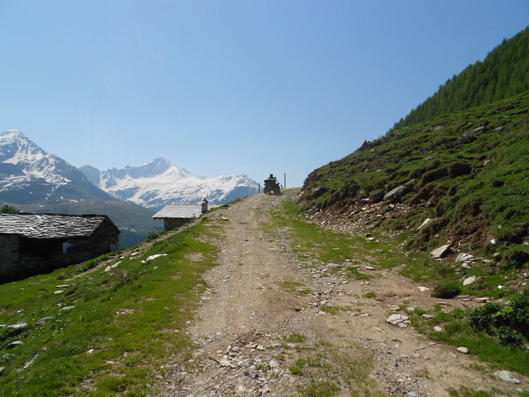Quadbana på Spluegenpass-väg med utsikt över Alperna.