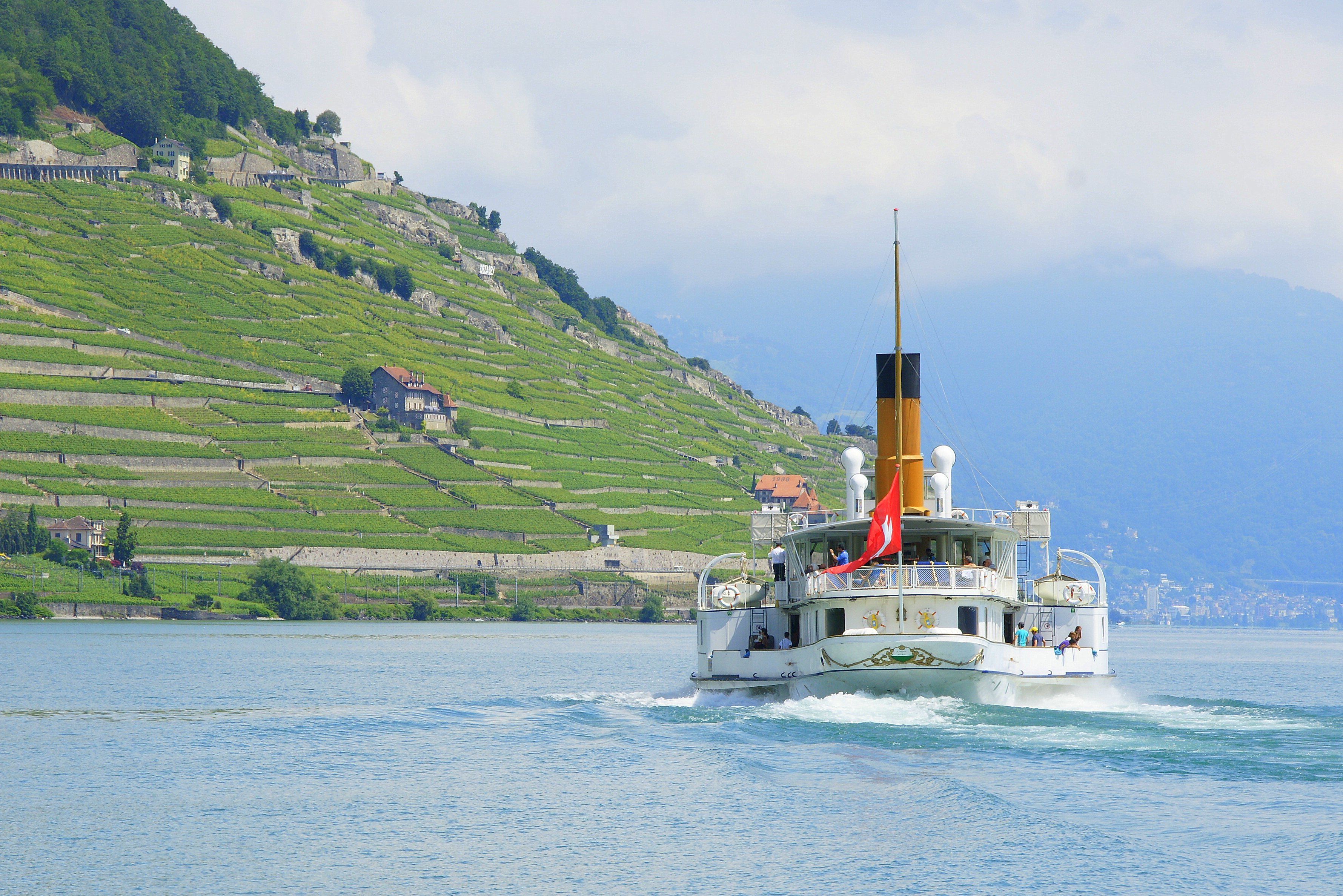 Tour della Riviera Lago di Ginevra con nave storica sull'acqua di fronte ai vigneti.