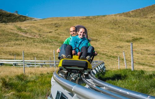 Rodelbana Monte Tamaro med förare i grönt landskap
