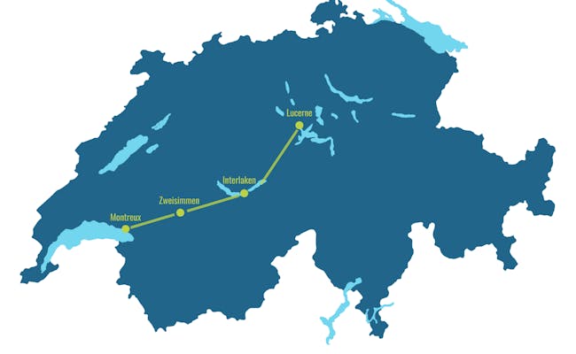 El mapa de la Golden Pass Line muestra el recorrido del tren entre Montreux, Interlaken y Lucerna.