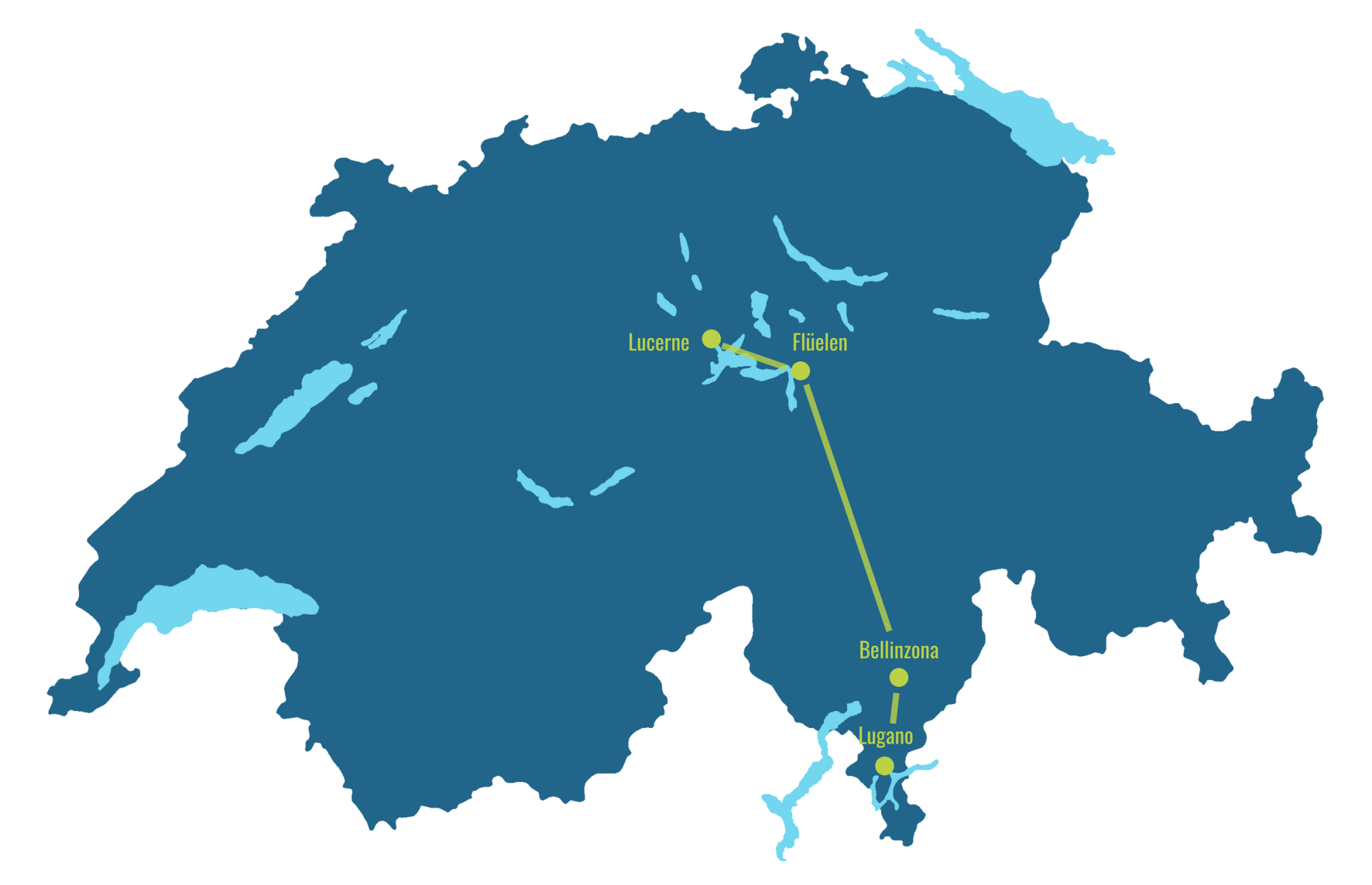 طريق قطار المتعة بانوراما غوتارد مع وجهة إلى لوسيرن وفيليلين، خريطة المسار في سويسرا.