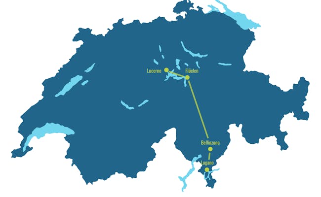 Ruta Gotthard Panorama Express con destino Lucerna y Flüelen, mapa de la ruta en Suiza.