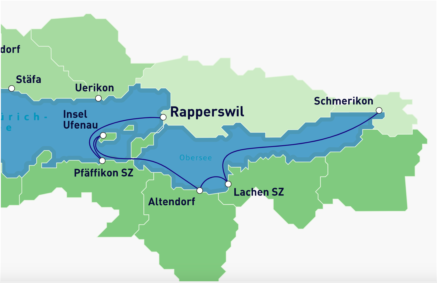 Karte Obersee Rundfahrt ab Rapperswil mit umliegenden Orten wie Ufenau und Pfäffikon SZ.